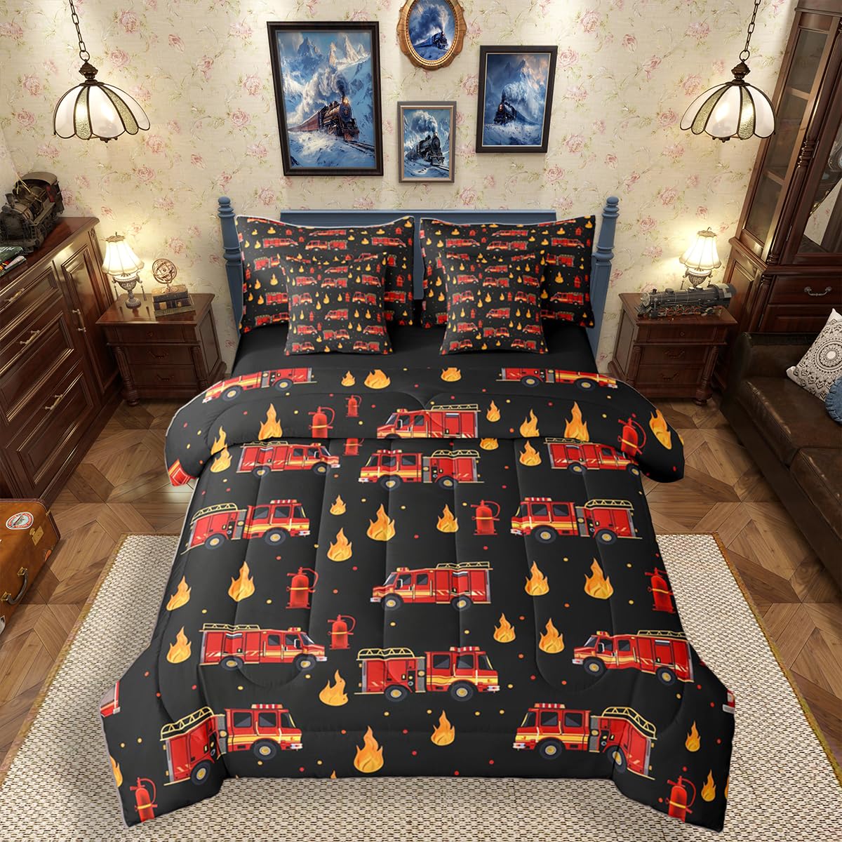 Erosebridal Fire Truck 7-Piece Bedding Set Twin for Boys, Cartoon Red Firemen Car Comforter Set with Sheets for Firefighter Room Decor, Black and Red Bed in A Bag, Fire Engine Bed Sets