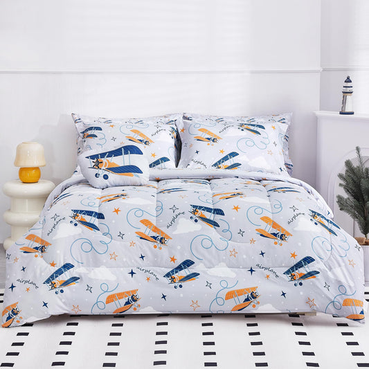 Mooreeke Twin Size Comforter Sets for Boys Kids, 6 Pieces Bed in a Bag Grey Glider Bedding Comforter Sheet Set with Shams and Decorative Toy Pillow, Ultral Soft Microfiber Kids Bed Set