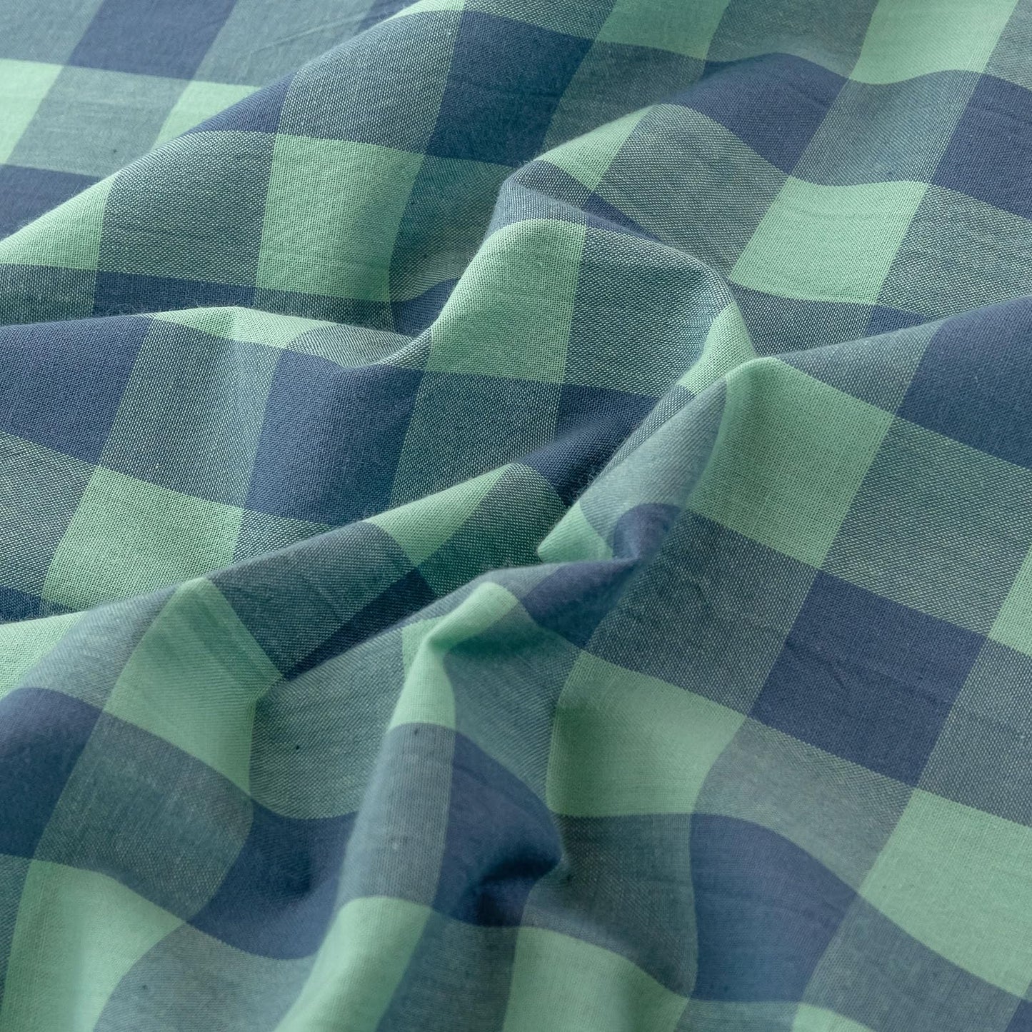 VM VOUGEMARKET Green Plaid Bedding Set Queen 3 Pieces Denim Blue Checkered Duvet Cover with Zipper Ties 2 Pillowcases 100% Washed Cotton Luxury Soft Breathable Durable