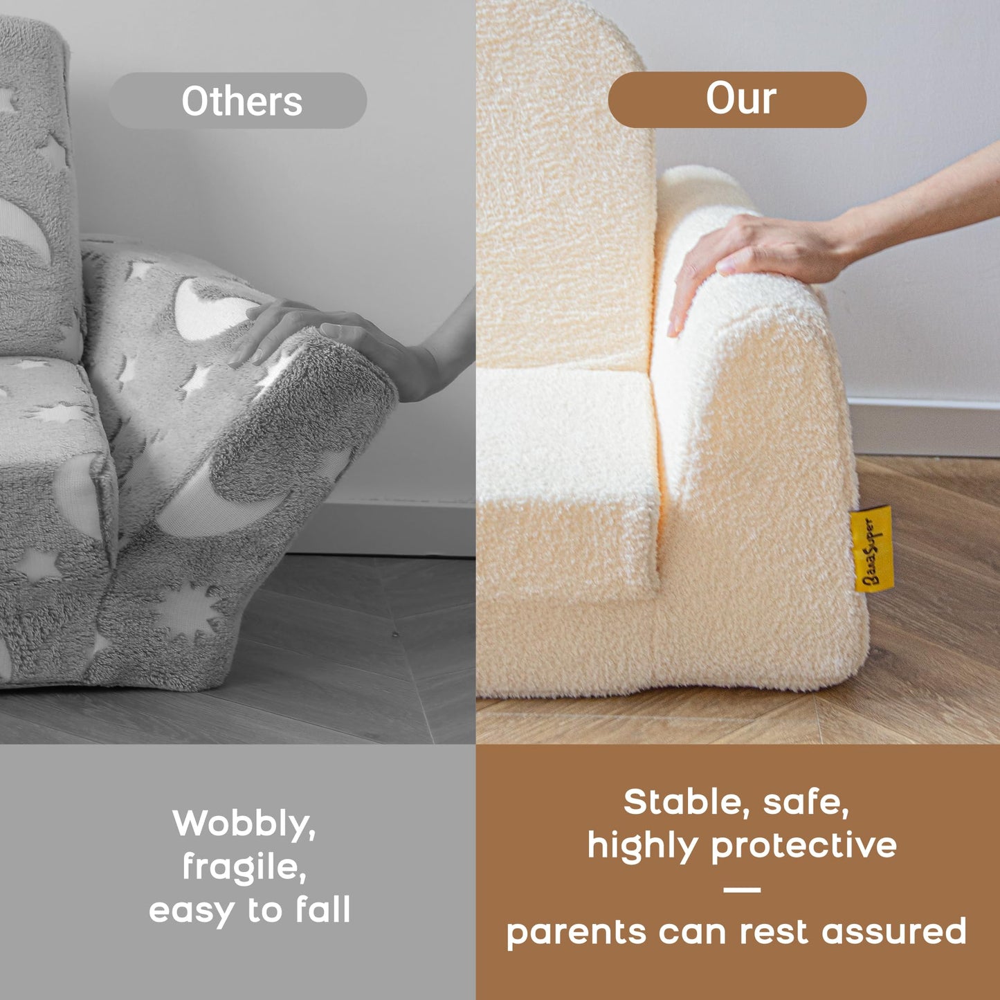 BanaSuper Wide Kids Sofa, Convertible Foam Couch for Children 3-8, Cream