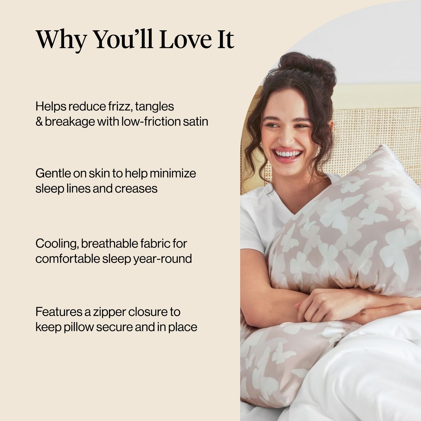 Kitsch Satin Pillowcase with Zipper for Hair & Skin - Softer Than Silk Pillow Cases, Cooling Satin Pillow Case, Wrinkle-Free, Machine Washable, Pillow Cases Standard Size 19x26 - Champagne Butterfly
