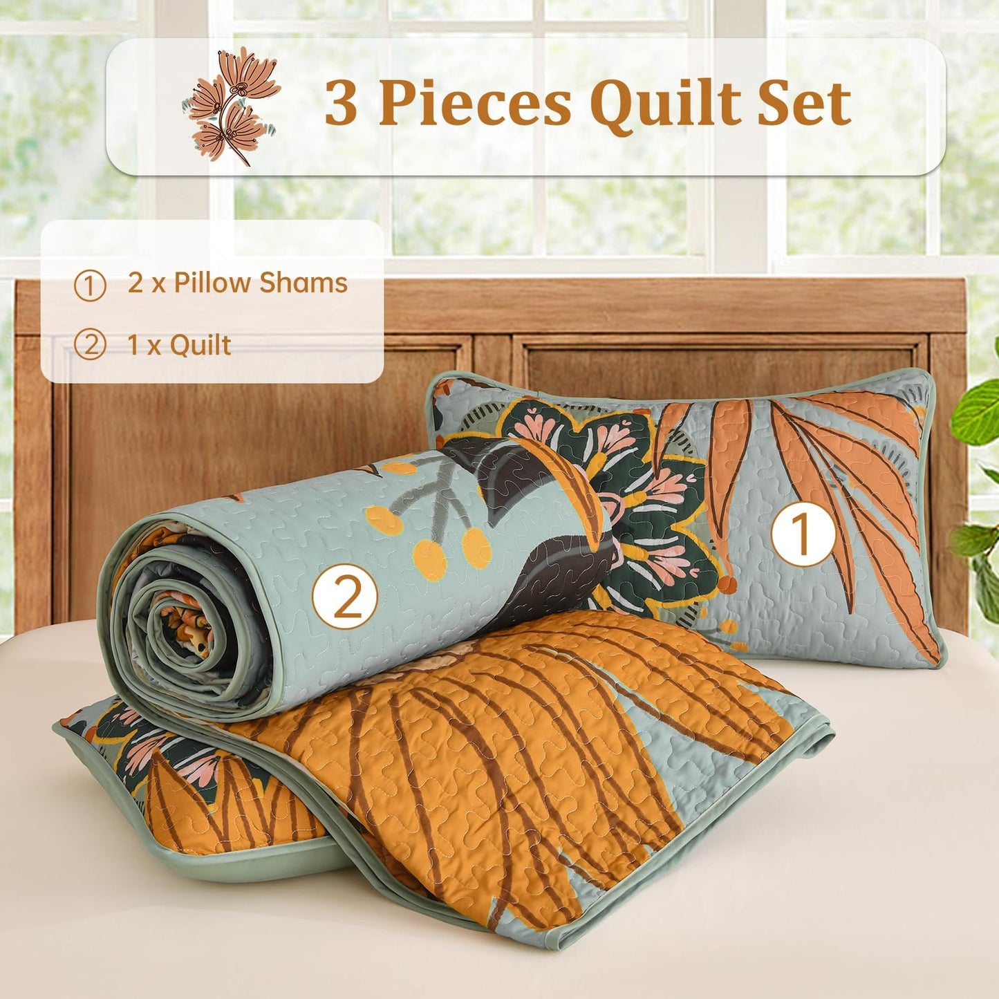 DJY Boho Floral Quilt Set Queen Size Sage Green Bedspread Coverlet Botanical Farmhouse 3 Piece Quilt Bedding Set, Reversible Microfiber Bed Cover for All Season, 90''x96''