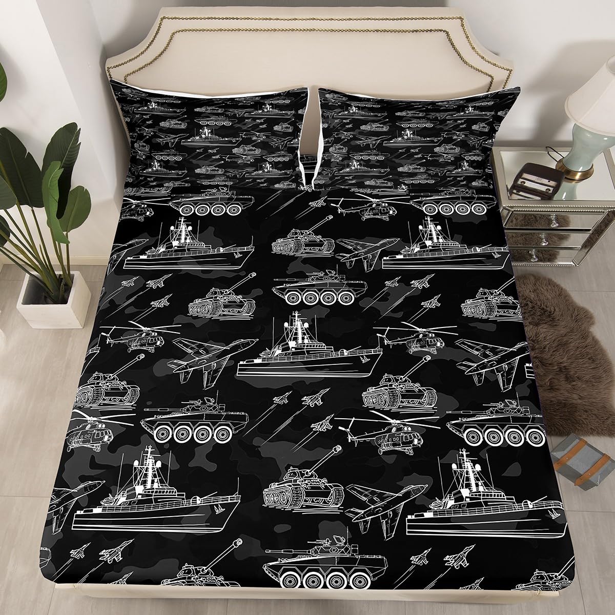 Manfei War Theme Fitted Sheet Full Size, Aircraft Tank Ship Bed Cover with 2 Pillowcases, Black Army Camouflage Bedding Set 3pcs for Kids Boys Teen Room Decor, Soft Polyester Bedding