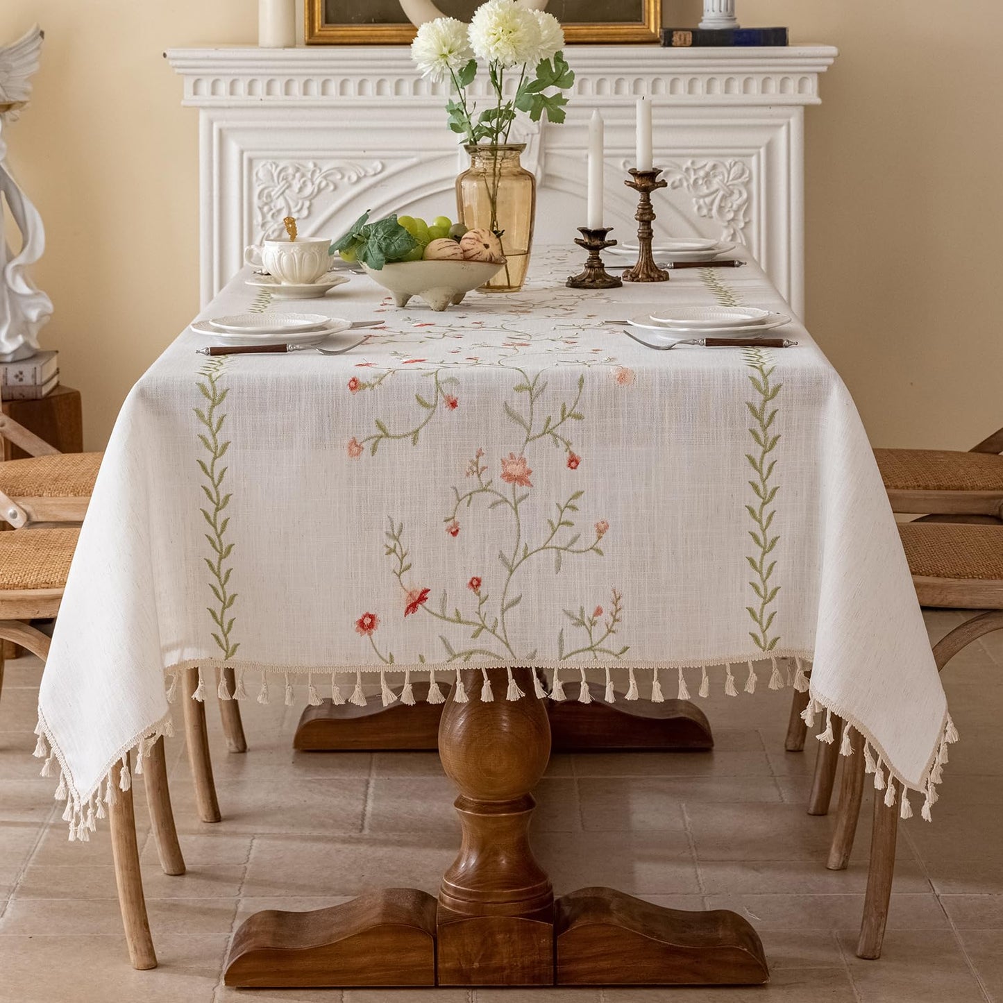 Joyfol Day Linen Spring Flowers Tablecloth with Tassels, Rustic Farmhouse Embroidery Waterproof Table Cloths for Square Tables, Heavy Weight Spill-Proof Table Covers, Pink Florals, 55''x 55''