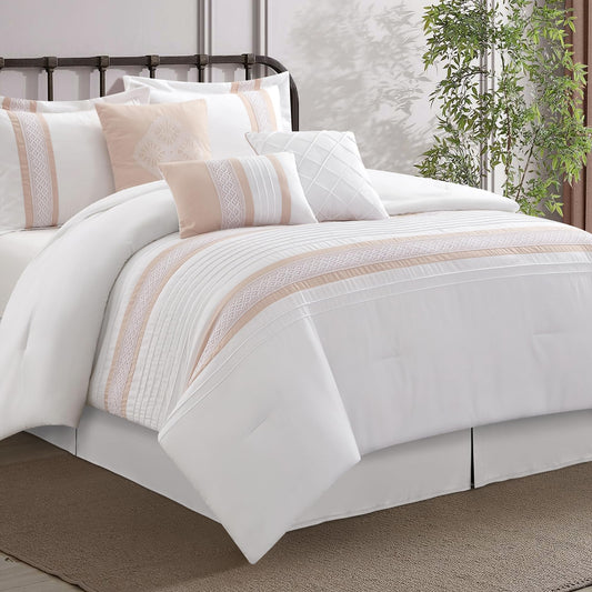 LANCO MODERN LIFESTYLE 7 Piece Comforter Set, Pink White, Queen Size, Boho Style Geometric Microfiber Embroidery, Bed in a Bag with Bedskirt, Pillow Shams and Decor Pillows