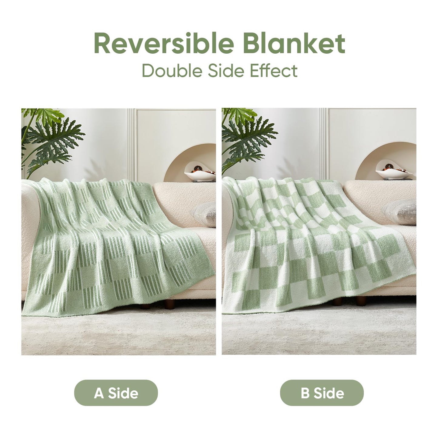 Snuggle Sac Sage Green Checkered Throw Blanket, Super Soft Reversible Cozy Warm Faux Fur Blankets for Couch Bedroom,Cute Lightweight Striped Throws for Women,Heather Sage Green,50x60 inches