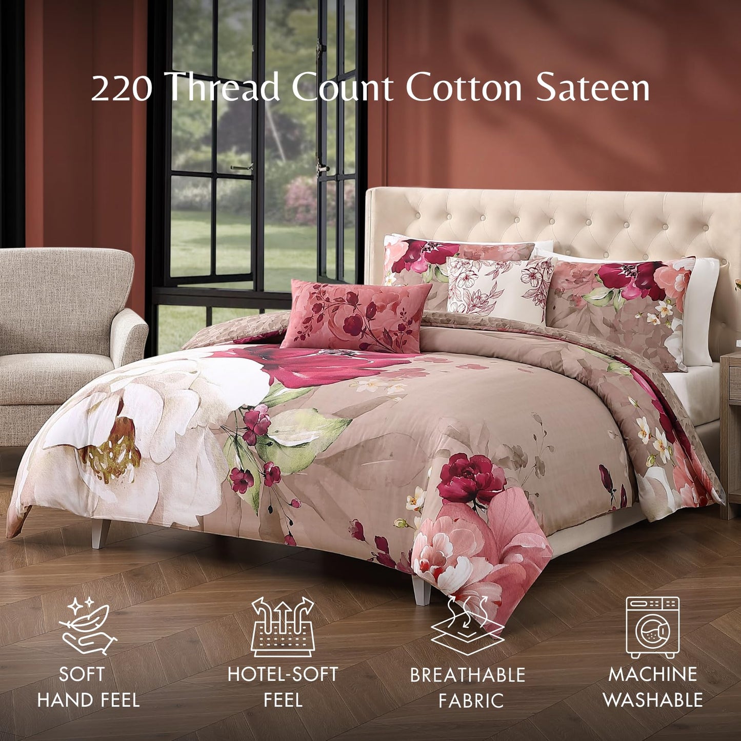 Bebejan Florence King Size Comforter Set - 5 Piece Reversible Bedding Set, 100% Cotton Sateen, Soft & Smooth - All Season Luxury King Comforter Set 1 Comforter, 2 Shams & 2 Pillows (King/Cal King)