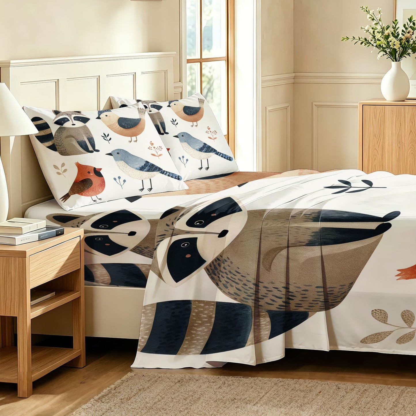 Bird Bedding Set 4 Pcs Raccoon King Sheets, Red Blue White