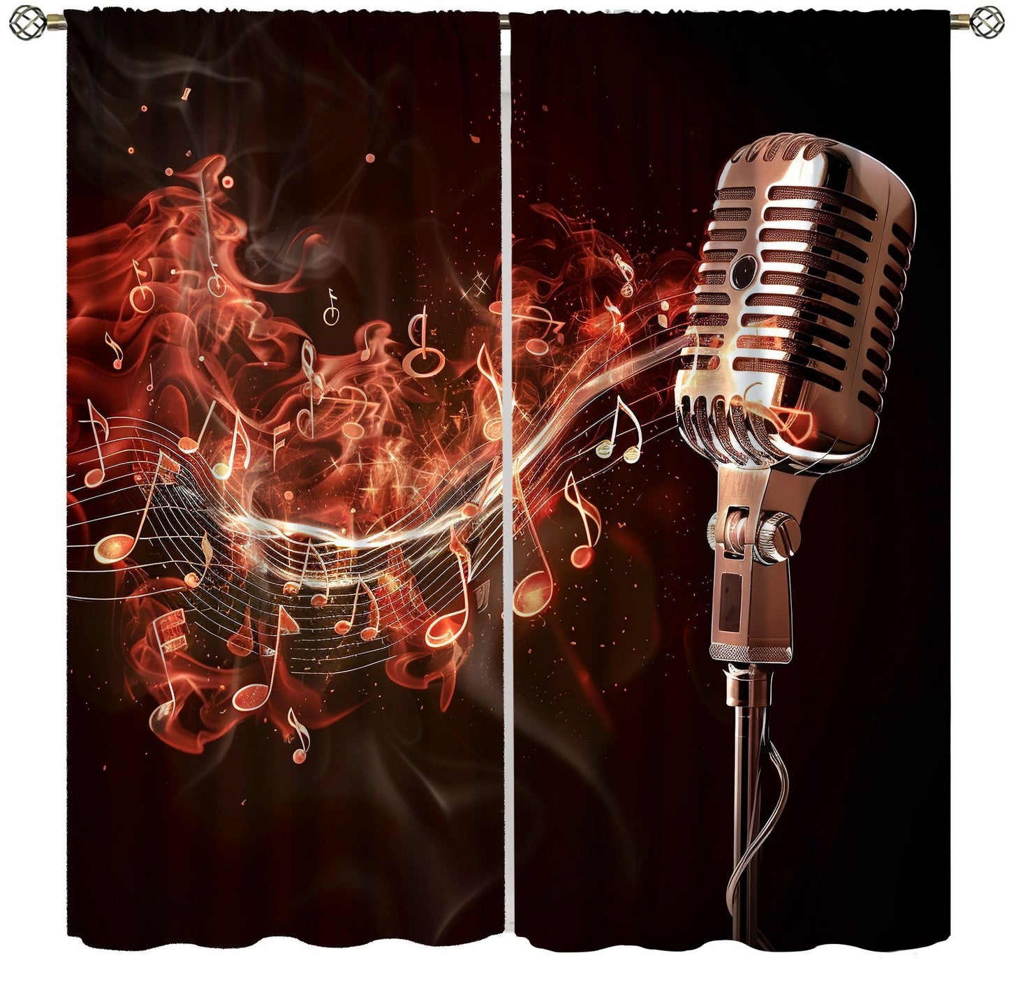 wlsgdsg Music Curtains Retro Cool and Trendy 3D Flame Art Microphone Music Notes Windows Treatments Rod Pocket Drapes for Kids Boys Girls Living Room Bedroom 42x44.5In（No Blackout）