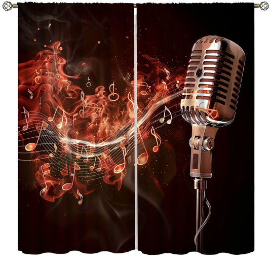 wlsgdsg Music Curtains Retro Cool and Trendy 3D Flame Art Microphone Music Notes Windows Treatments Rod Pocket Drapes for Kids Boys Girls Living Room Bedroom 42x44.5In（No Blackout）