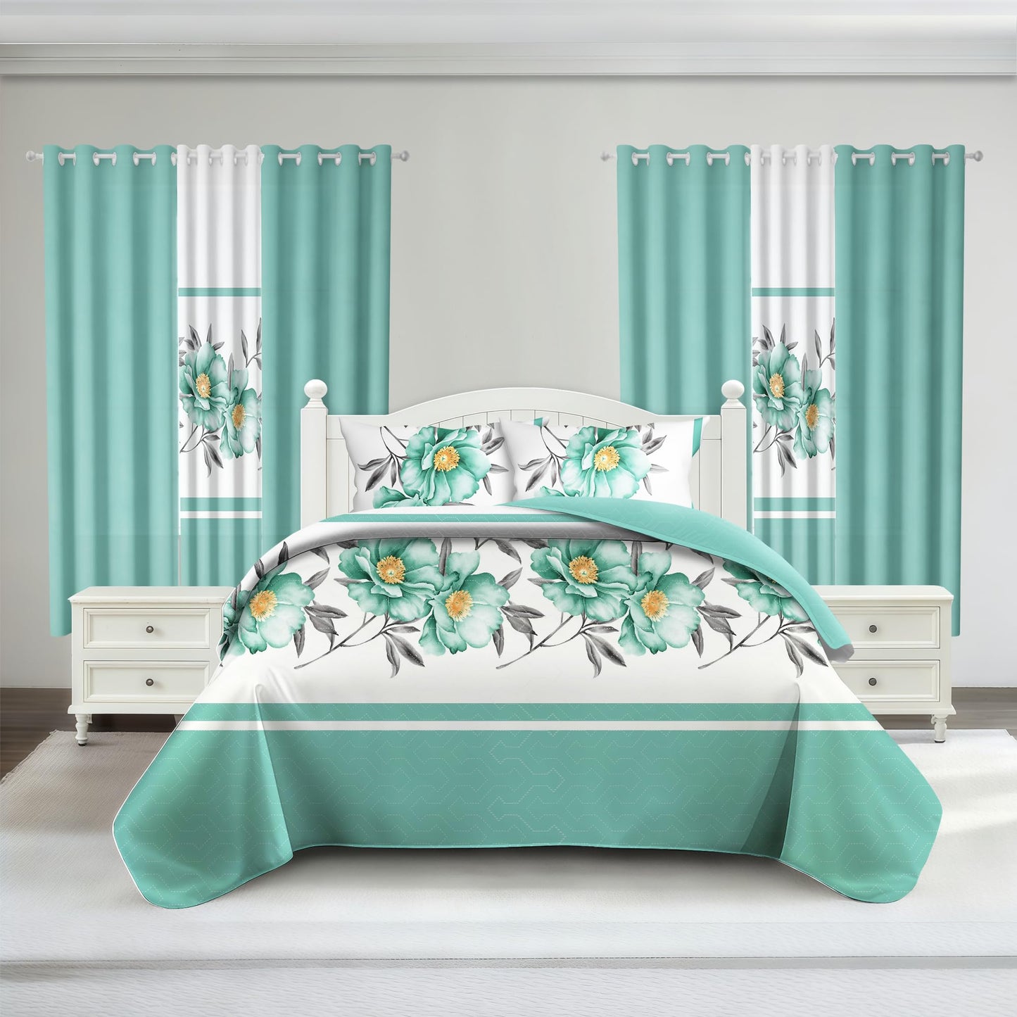Deepsleep King Bedspread Set 9 Pieces, All Season Luxury Bed in a Bag for Bedroom, with 2 Pillowcases and 6 Curtains, Ultra-Soft Microfiber for Complete Bedroom Decor, Green Rose