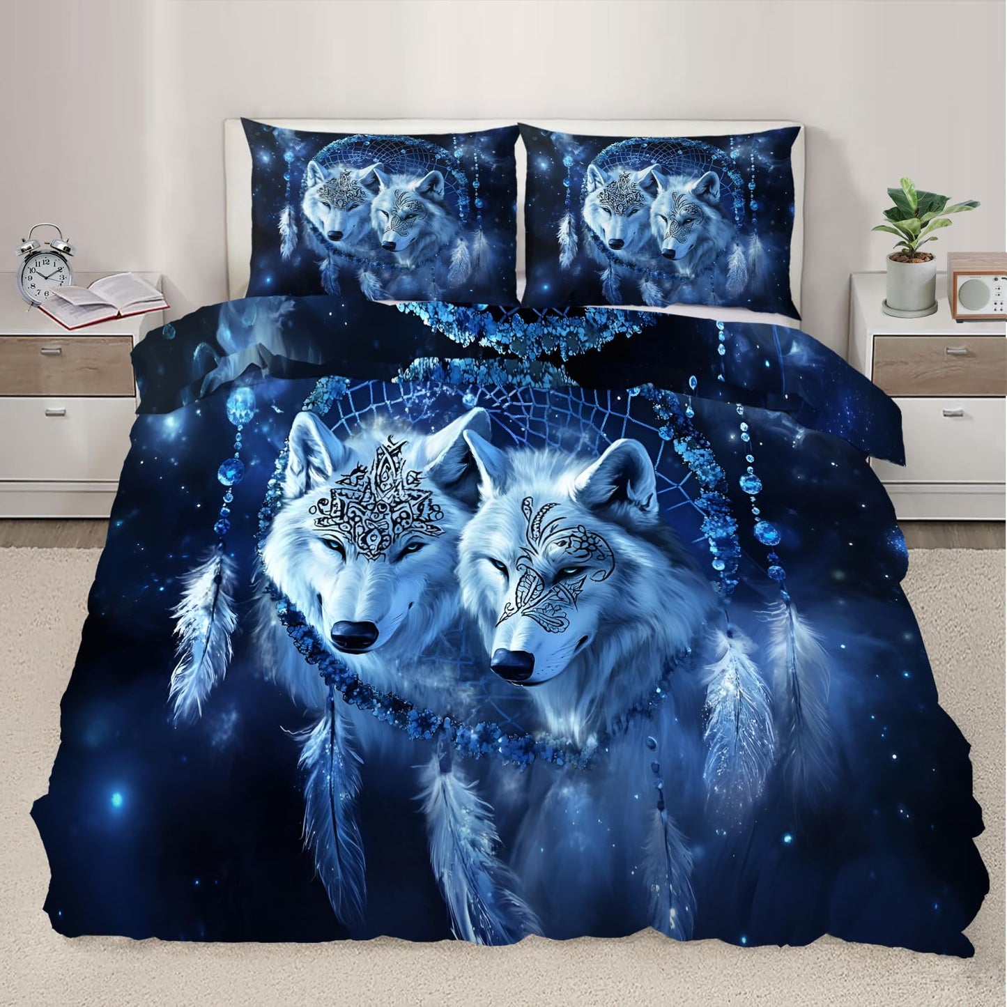 PAISUOQ Wolf Print Bedding, Mystical Wolf Duvet Cover Full, Blue Animals Comforter Cover with Zipper Ties, 3 Pieces with 2 Pillowcases, Home Decor & Gifts