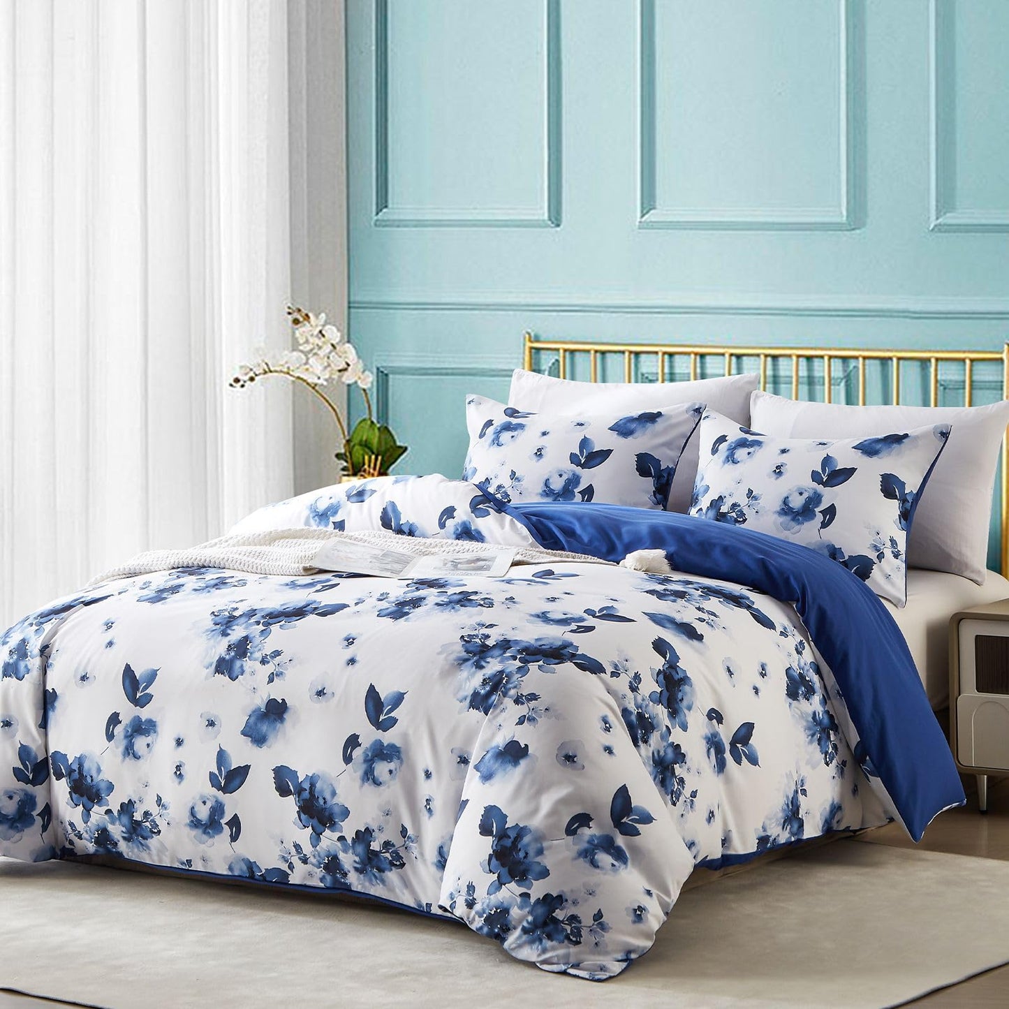Cupocupa Queen Duvet Cover Set - 3pc Blue Floral Art Deco Bedding - Soft Botanical Print Polyester Duvet Cover with 2 Pillowcases - All Season Reversible Comforter Cover (Queen, Blue Floral)