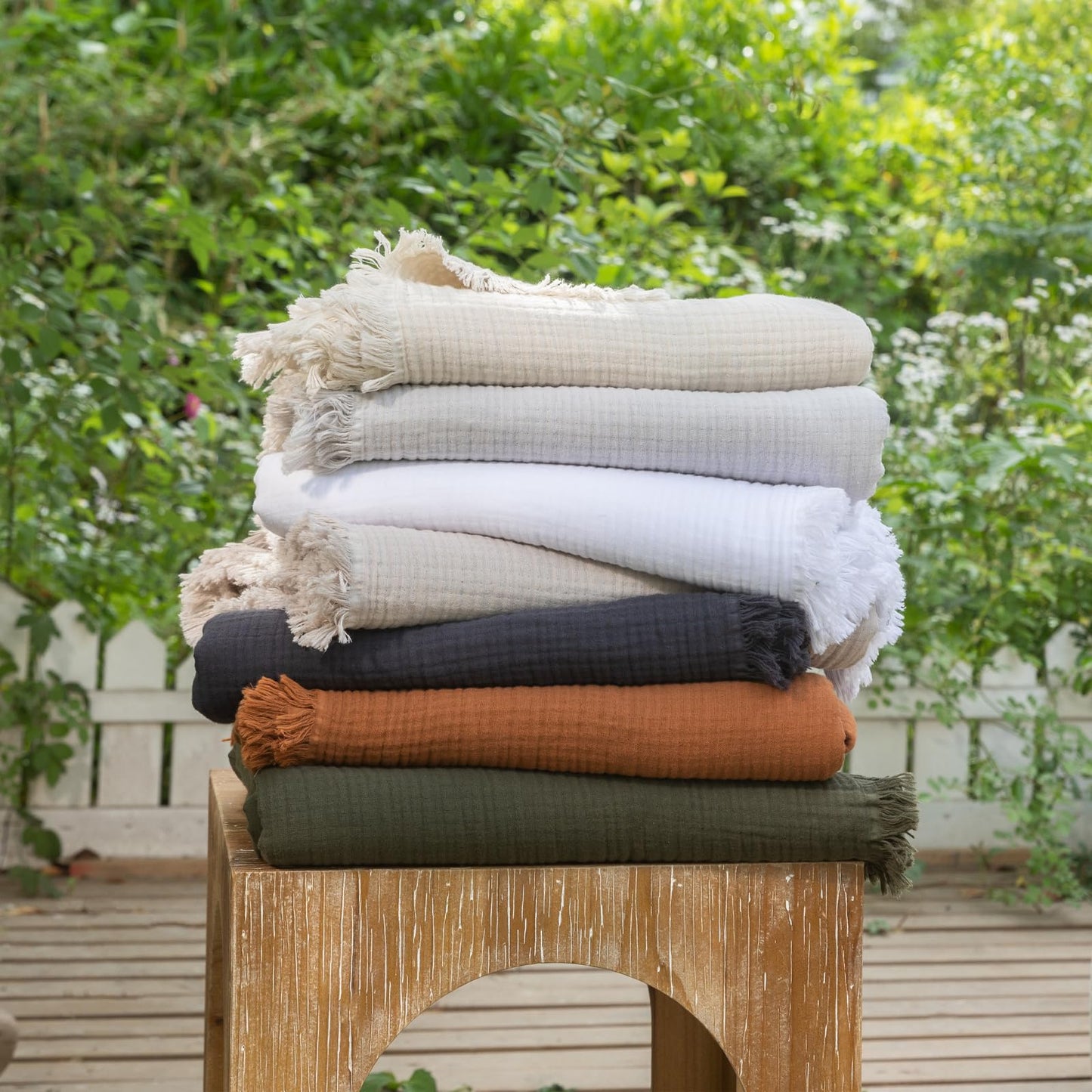 MooMee Muslin Blanket - 100% Cotton 4-Layer Gauze Throw Blanket with All-Around Fringe, Soft Breathable Lightweight Cooling Summer Blankets for Bed Couch (Beige,Queen 90" x 90")