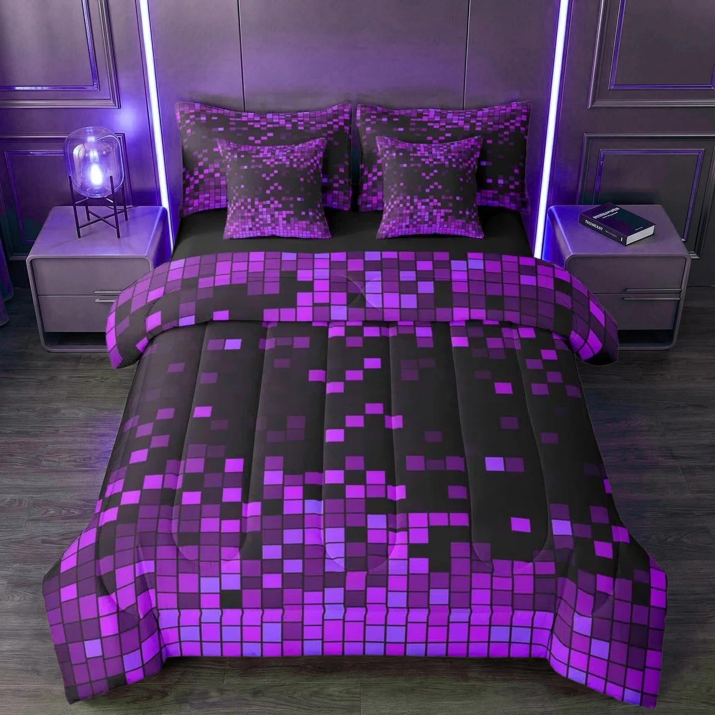 Feelyou Purple Black Pixel Art Comforter Set with Sheets 7 Piece Twin Size Gamer Bed in a Bag Kids Boys Girls Retro Pixel Bedding Set Gamer Room Decor Bedroom Decor Soft Lightweight Microfiber