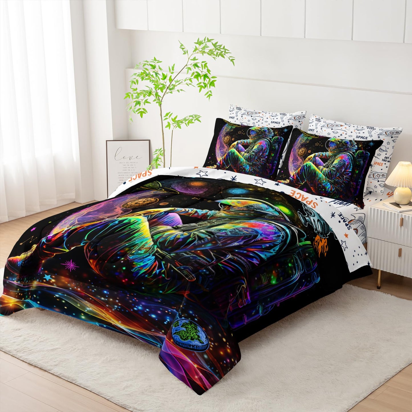 AILONEN Space Astronaut Comforter Set Full Size,7-Piece Soft Bed in a Bag,Glowing Rocket Planet Spacemen Print Comforter & Fitted Sheet & Flat Sheet & 2 Pillowcases,2 Pillow Shams