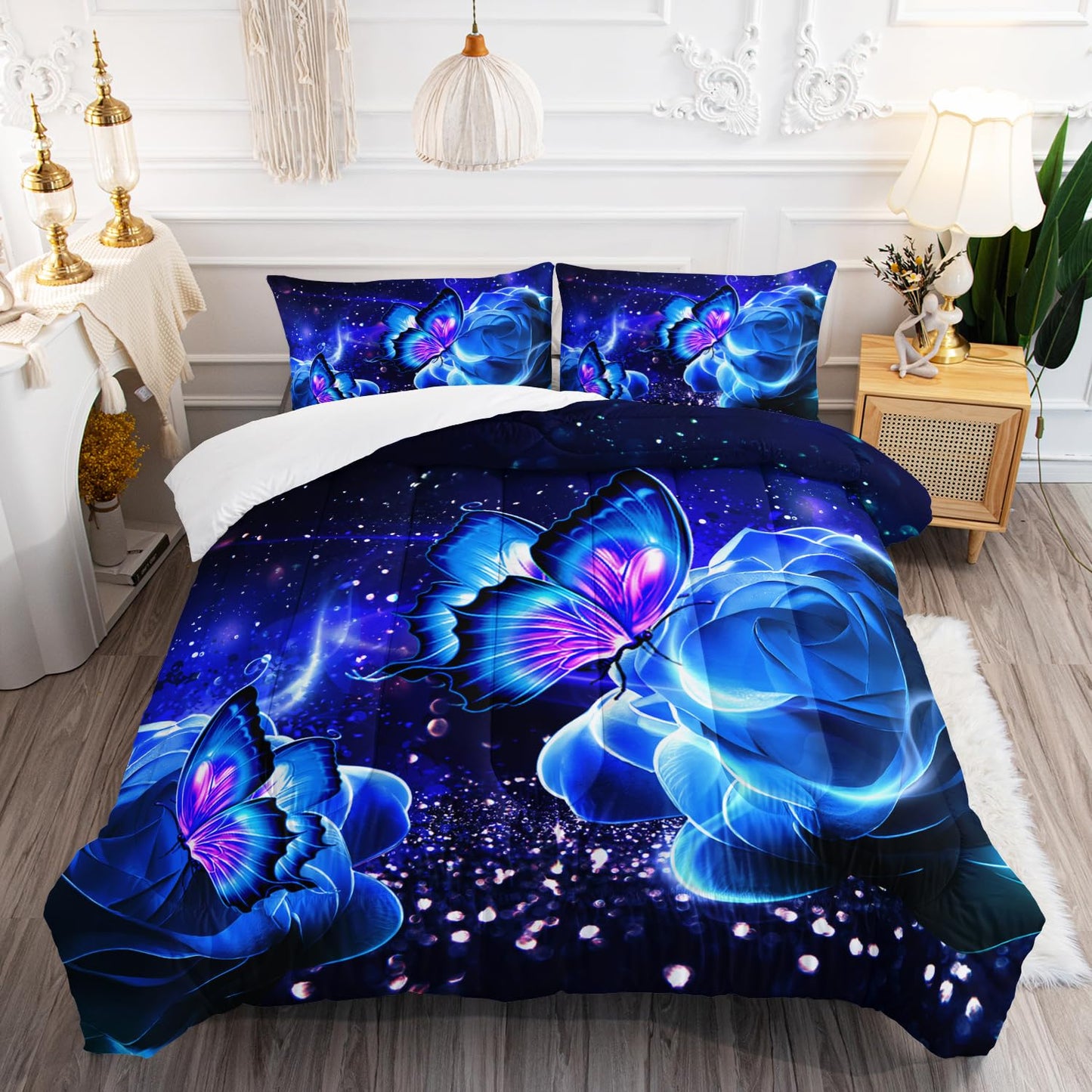 XYNHML Galaxy Butterfly Comforter Set Twin Size for Girls Kids Adults Butterfly Rose Bedding Set Aesthetics Butterflies Quilt Bed Set with 1 Comforter and 2 Pillowcases