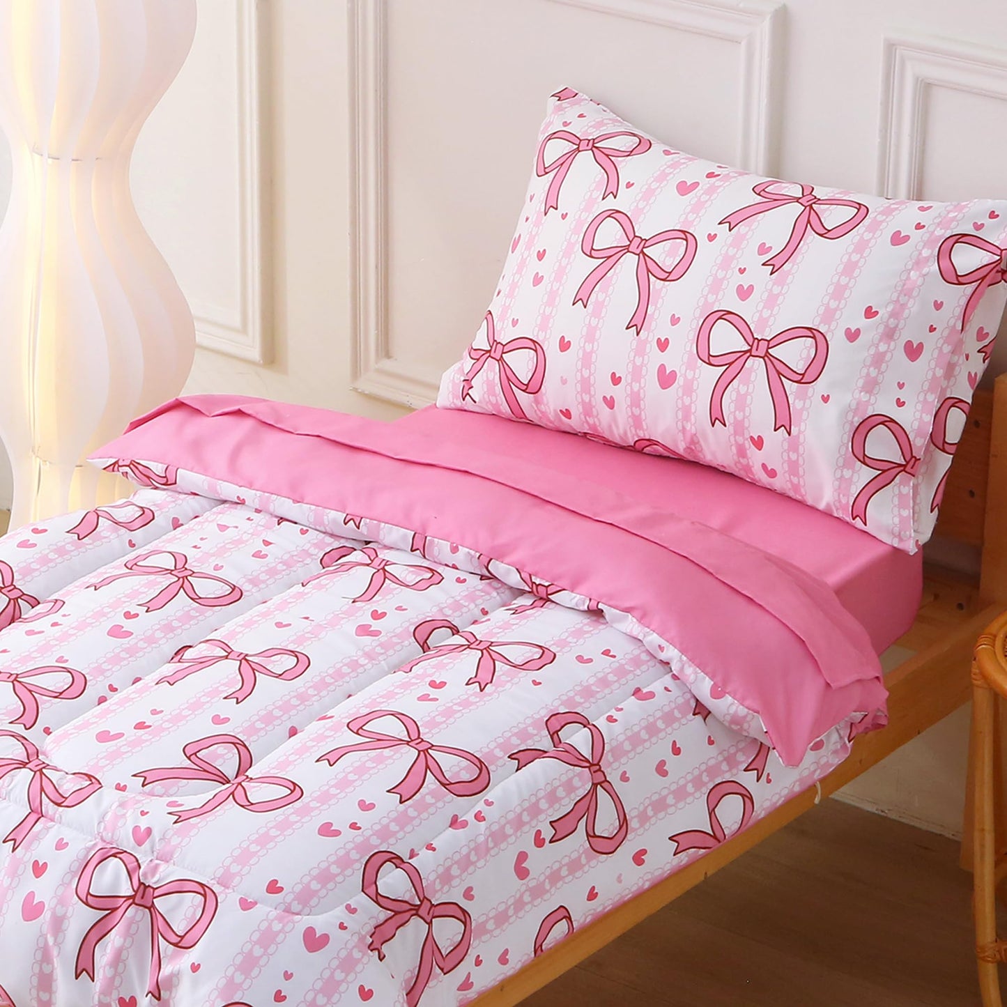 Viviland Pink Bow Toddler Comforter Sets, Cute Girls Toddler Bedding Set, Soft Microfiber Pink Toddler Bed Set