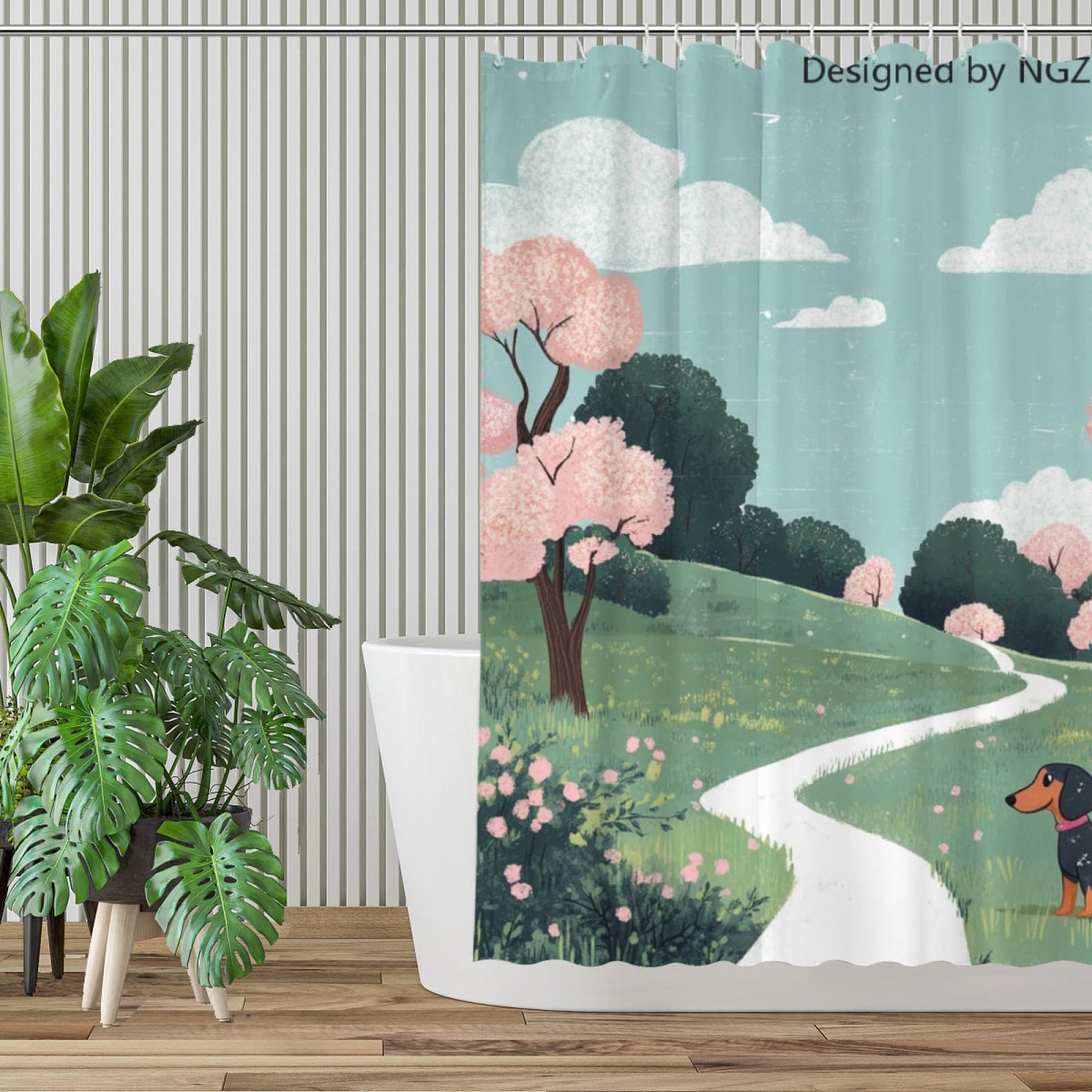 NGZ Spring Dachshund Shower Curatin Floral, 72 x 72 Inches, Spring Floral Shower Curtain Set with 12 Hooks for Bathroom Decor