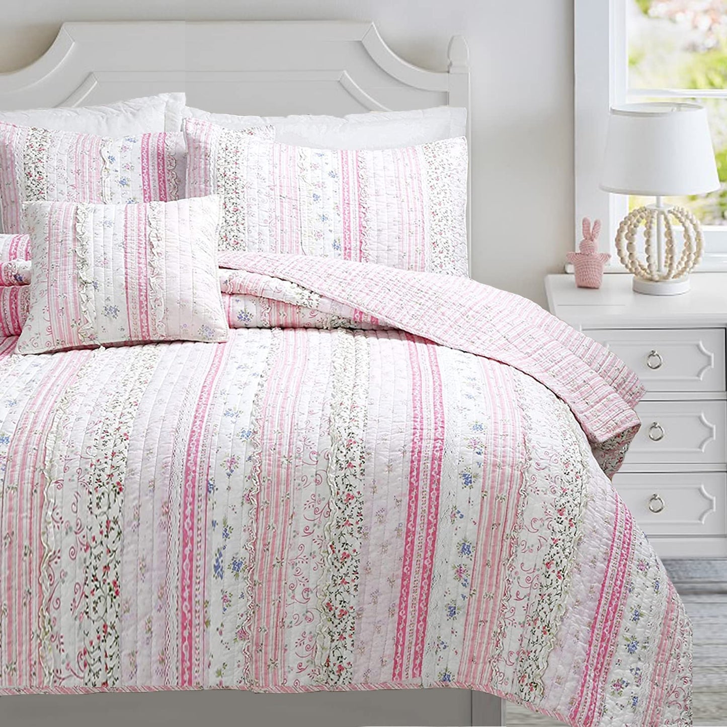 Cozy Line Home Fashions Pink Flower Lace Ruffle Stripe Shabby Chic Girl 100% Cotton Reversible Quilt Bedding Set, Coverlet, Bedspread (Pink Lace, Twin - 2 Piece: 1 Quilt + 1 Sham)