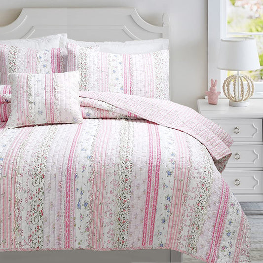 Cozy Line Home Fashions Pink Flower Lace Ruffle Stripe Shabby Chic Girl 100% Cotton Reversible Quilt Bedding Set, Coverlet, Bedspread (Pink Lace, Twin - 2 Piece: 1 Quilt + 1 Sham)