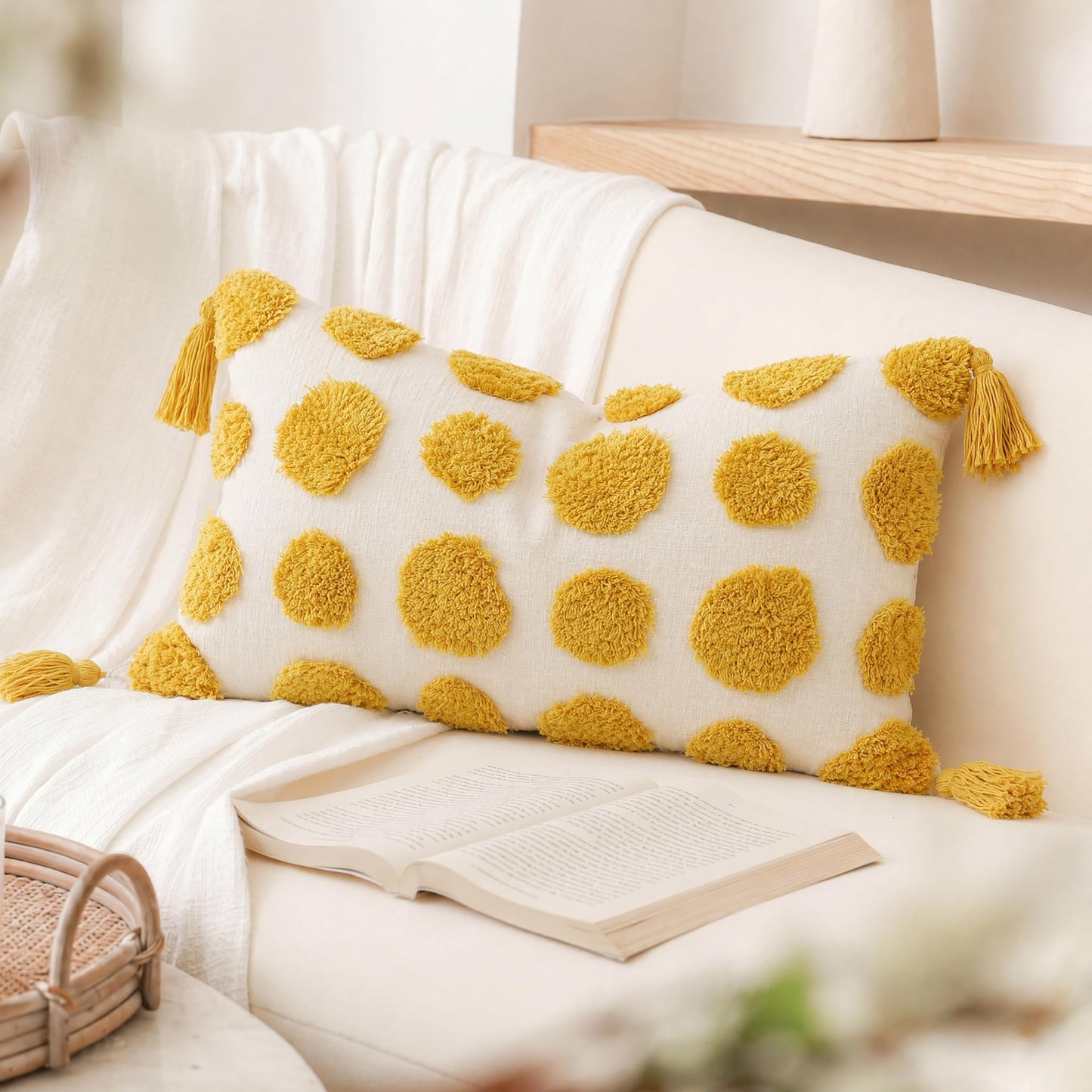 PANOD Super Soft Farmhouse Decorative Plush Throw Pillow Covers 12 x 20 Yellow,Solid Pom pom Tufted with Tassels Modern Accent Boho Lumbar Cushion Cover Pillow Case for Couch Sofa