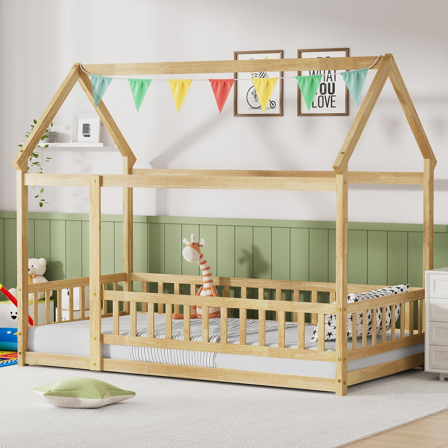 PVWIIK Twin Montessori Floor Bed with High Rails & Roof for Kids Bedroom,High Rails Bed Frame with Fence,No Box Spring Needed, Natural