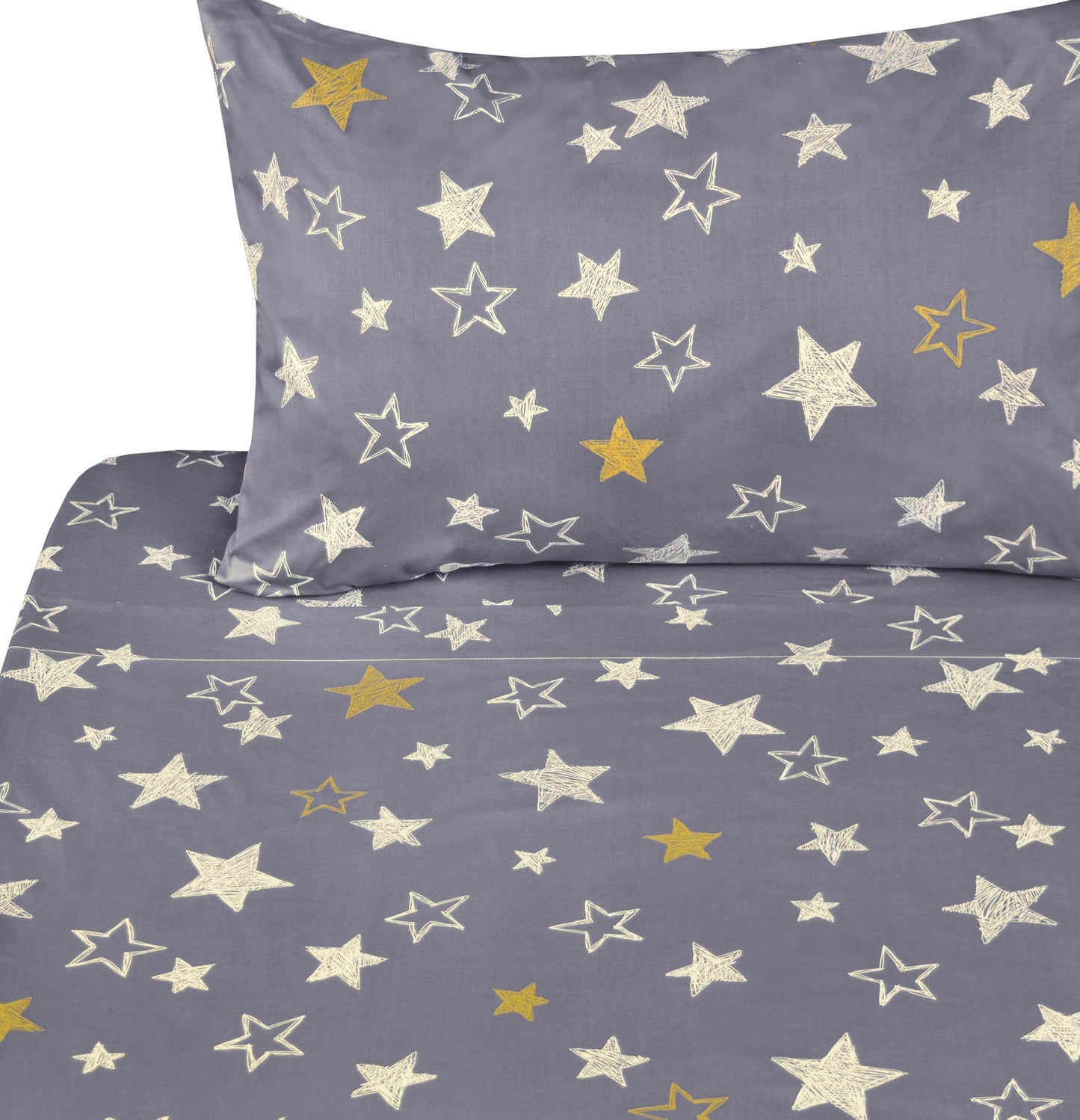 J-pinno Twinkling Stars Yellow Silvery Grey Hand Drawn Cute Cartoon 100% Cotton 3 Pieces Twin Sheet Set for Kids Boys Children Flat Sheet + Fitted Sheet + Pillowcase Bedding Decoration Gift Set