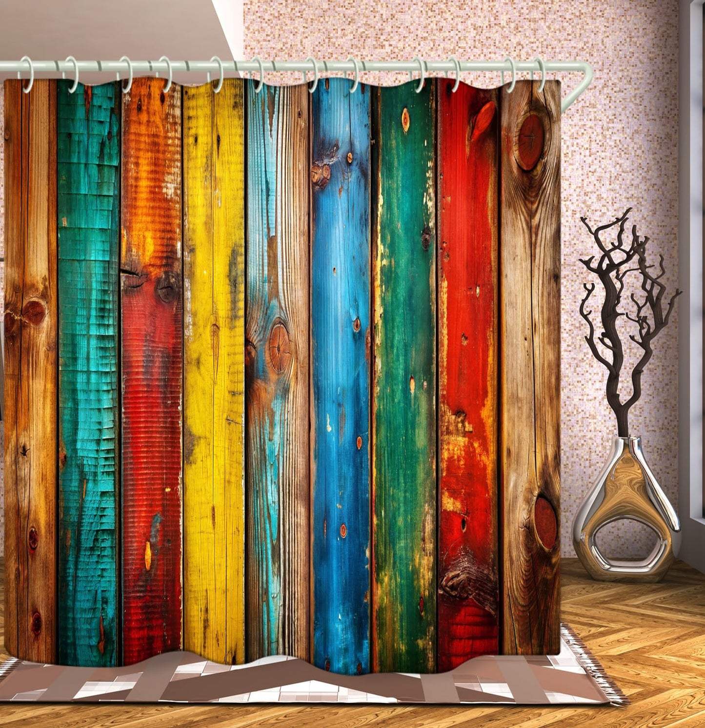 LYFANS Bathroom Shower Curtains Brings a Pleasant Mood to Bathing, with a Unique Artistic Waterproof Colored Wooden Shower Curtain (59x72 Inches) Equipped with 12 Hooks.