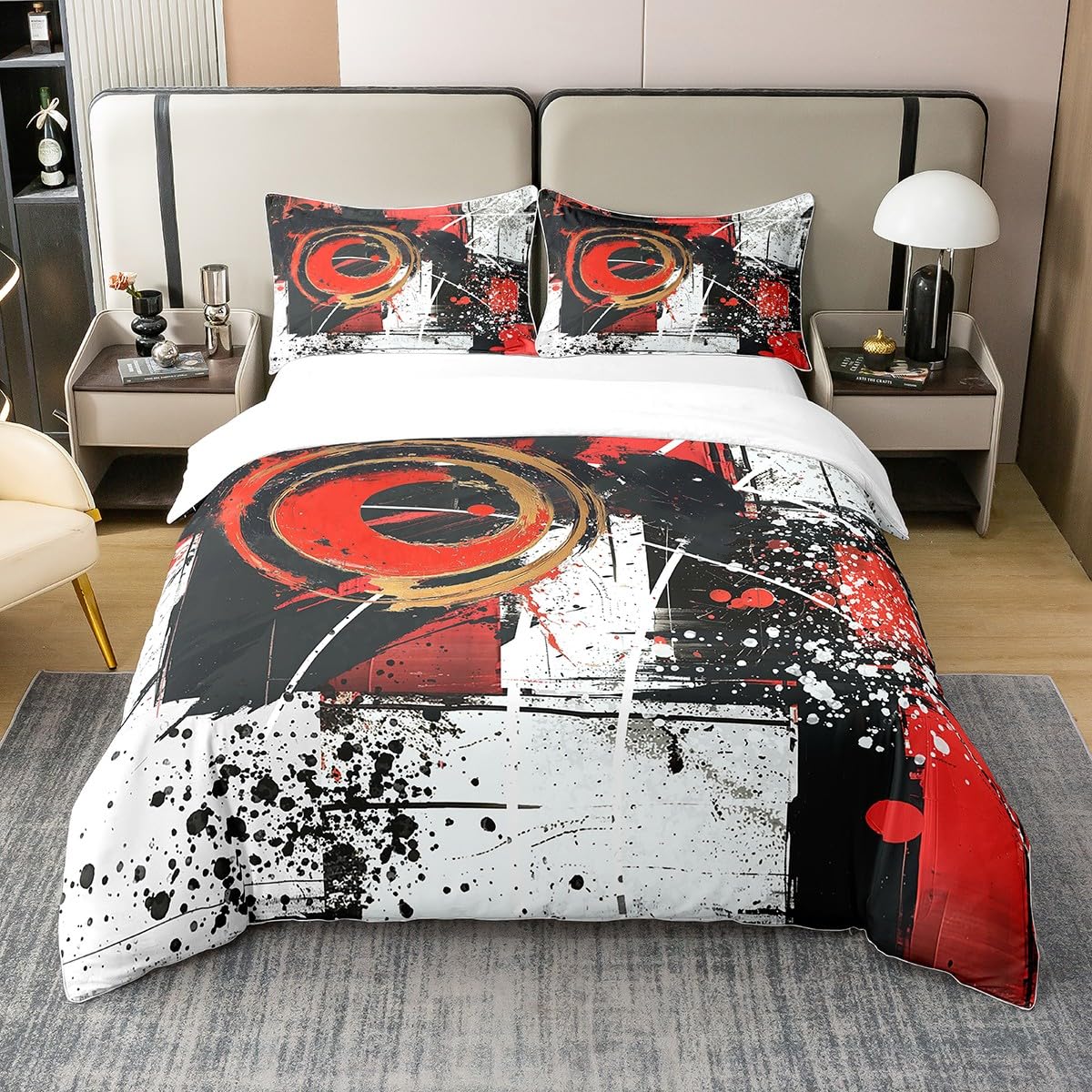 jejeloiu Agate Red Circle Duvet Cover 100% Cotton King Size Kids Abstract Geometric Comforter Cover for Boys Girls Teens Modern Art Bedding Set Breathable Soft Room Decor