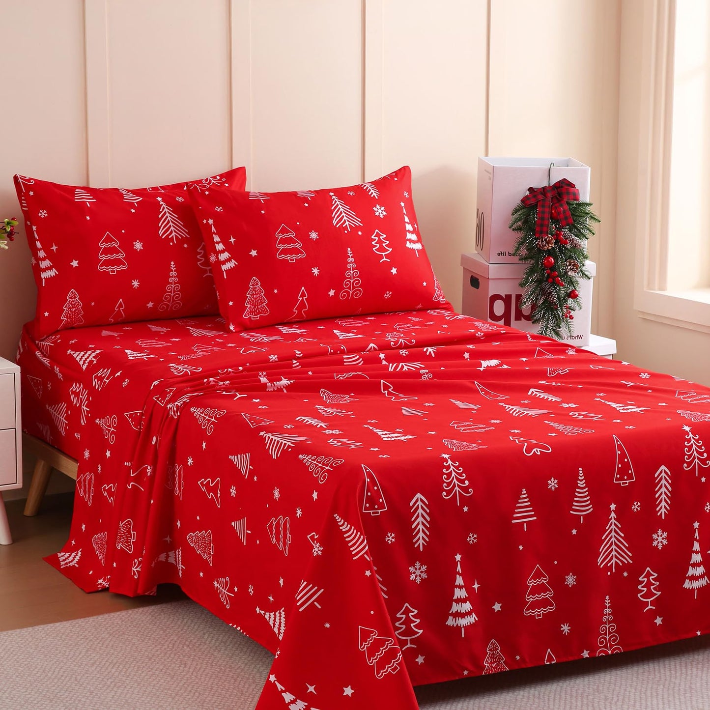 JSD Red Christmas Tree Kids Sheet Set Twin Size, 3 Piece Soft Printed Microfiber Sheets Deep Pocket