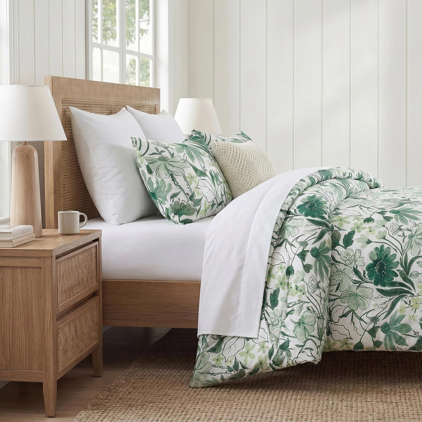 MOVE OVER Green Floral Duvet Cover Queen Size, 100% Cotton Duvet Cover Set with Zipper Closure & Corner Ties, Soft Breathable Line Art Botanical Duvet Cover Set for All Seasons