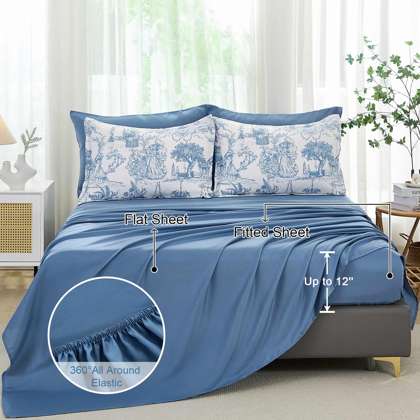 Blue Comforter Set Queen 7 Piece Bed in a Bag Toile de Jouy Botanical Comforter with Sheet Set Soft Micorfiber Bedding Set (1 Comforter,2 Pillow Shams,1 Flat Sheet,1 Fitted Sheet,2 Pillowcases)