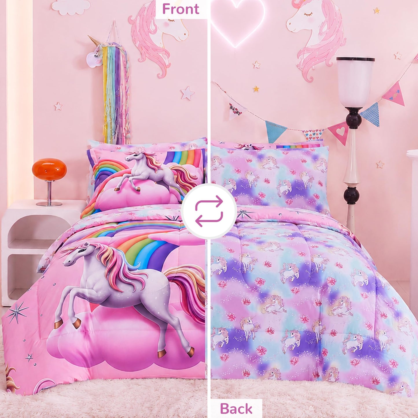 Viviland Kids Twin Bedding Sets for Girls, Soft Twin Comforter Set with Sheets, 5 Pieces Microfiber Bed in a Bag, White Unicorn Pink Cloud Rainbow