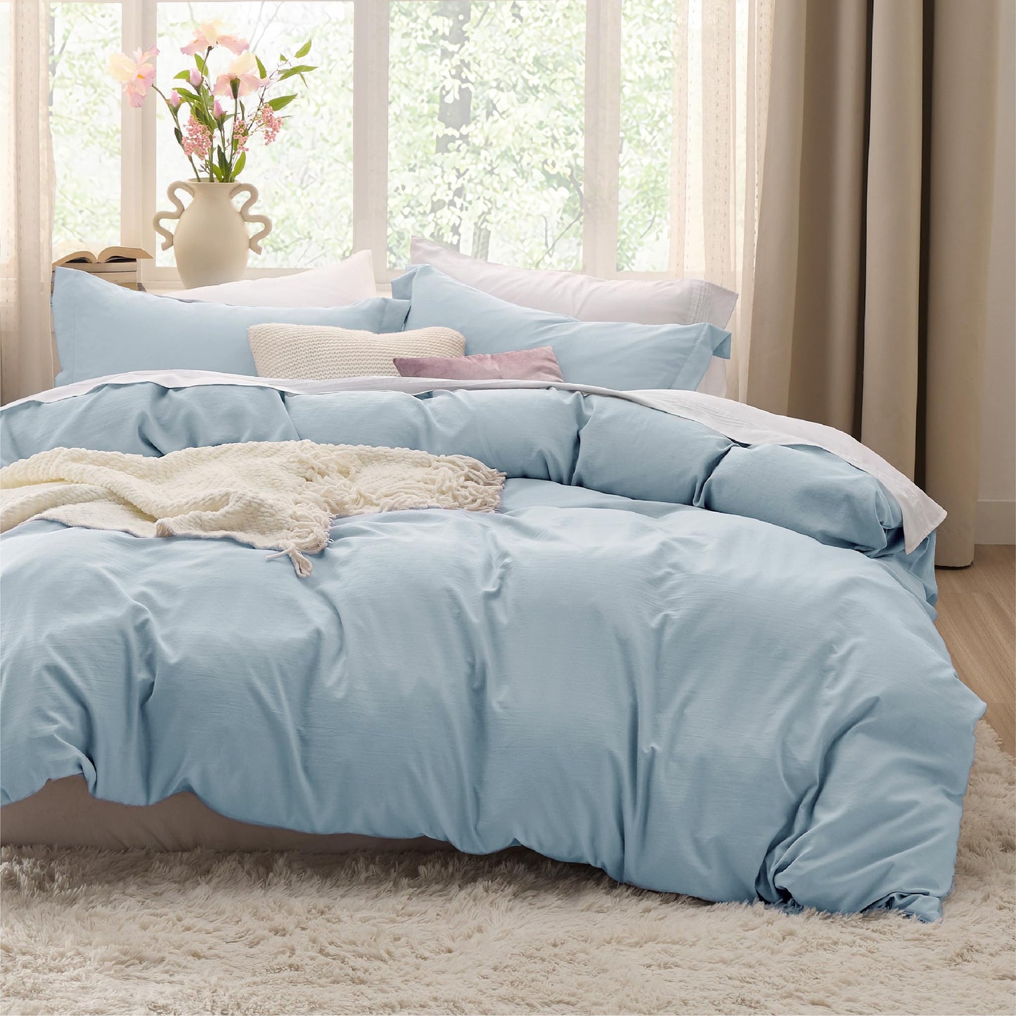 Bedsure Sky Blue Duvet Cover Queen Size - 3 Pieces Prewashed Cotton-Like Polyester Extra Soft Bedding Set, Includes 1 Duvet Cover 90x90 Inches with Zipper Closure & 2 Pillow Shams, No Comforter