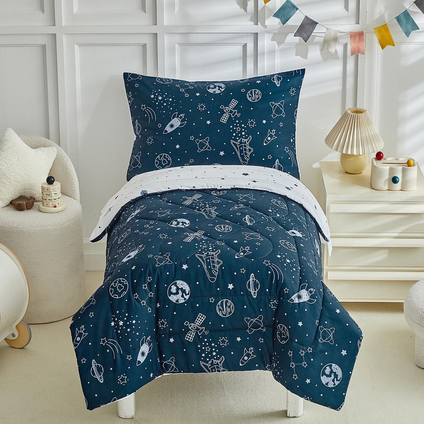4 Pieces Toddler Bedding Set for Boy,Space Toddler Bed Comforter Set,Soft and Breathable Microfiber Crib Sheet Set,Includes Quilted Comforter, Flat Top Sheet, Fitted Sheet, Envelope Pillow Case -Blue