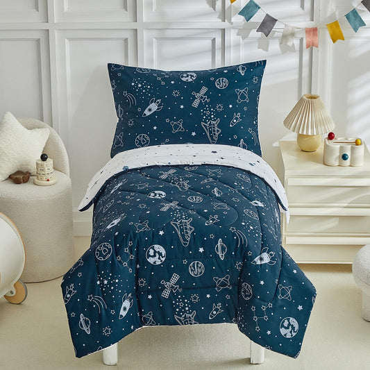4 Pieces Toddler Bedding Set for Boy,Space Toddler Bed Comforter Set,Soft and Breathable Microfiber Crib Sheet Set,Includes Quilted Comforter, Flat Top Sheet, Fitted Sheet, Envelope Pillow Case -Blue