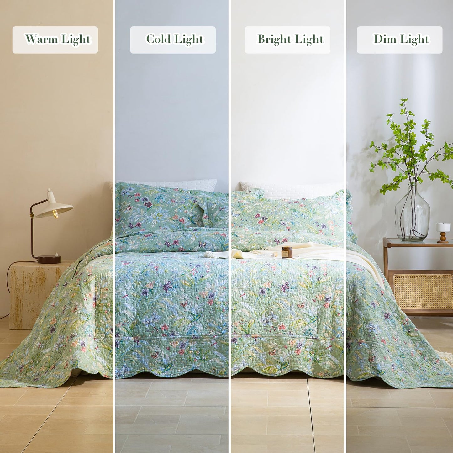 Masaca Oversized King Bedspread 128"x120",Green Floral Quilt Set Oversized 3Pcs Lightweight Flower Bird Butterfly Print Botanical Scallop California King Size Bedding Coverlet Extra Large