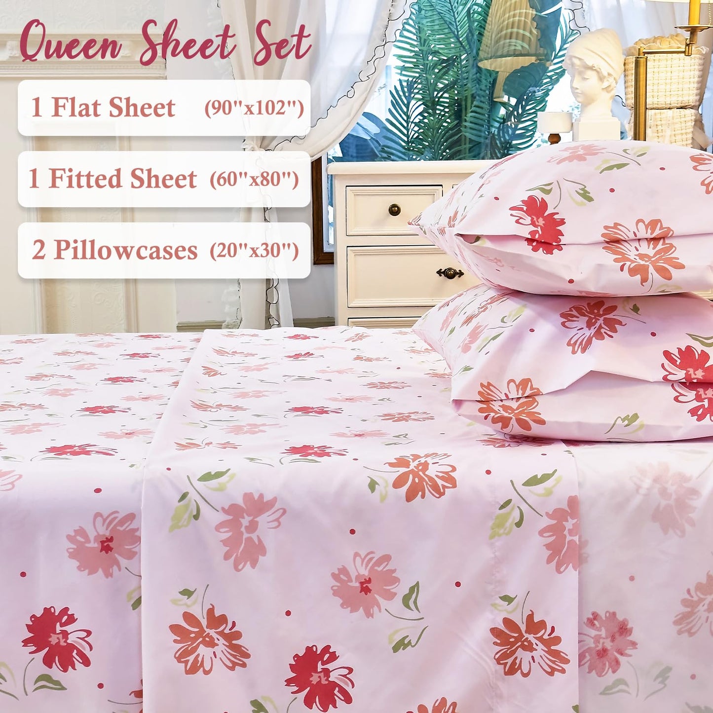 MICORAL Boho Floral Queen Sheet Set, 4-Piece Printed Botanical Bed Sheets, 16" Deep Pocket, Ultra Soft & Cooling Sheet, Oeko-TEX Certified, Pink Floral