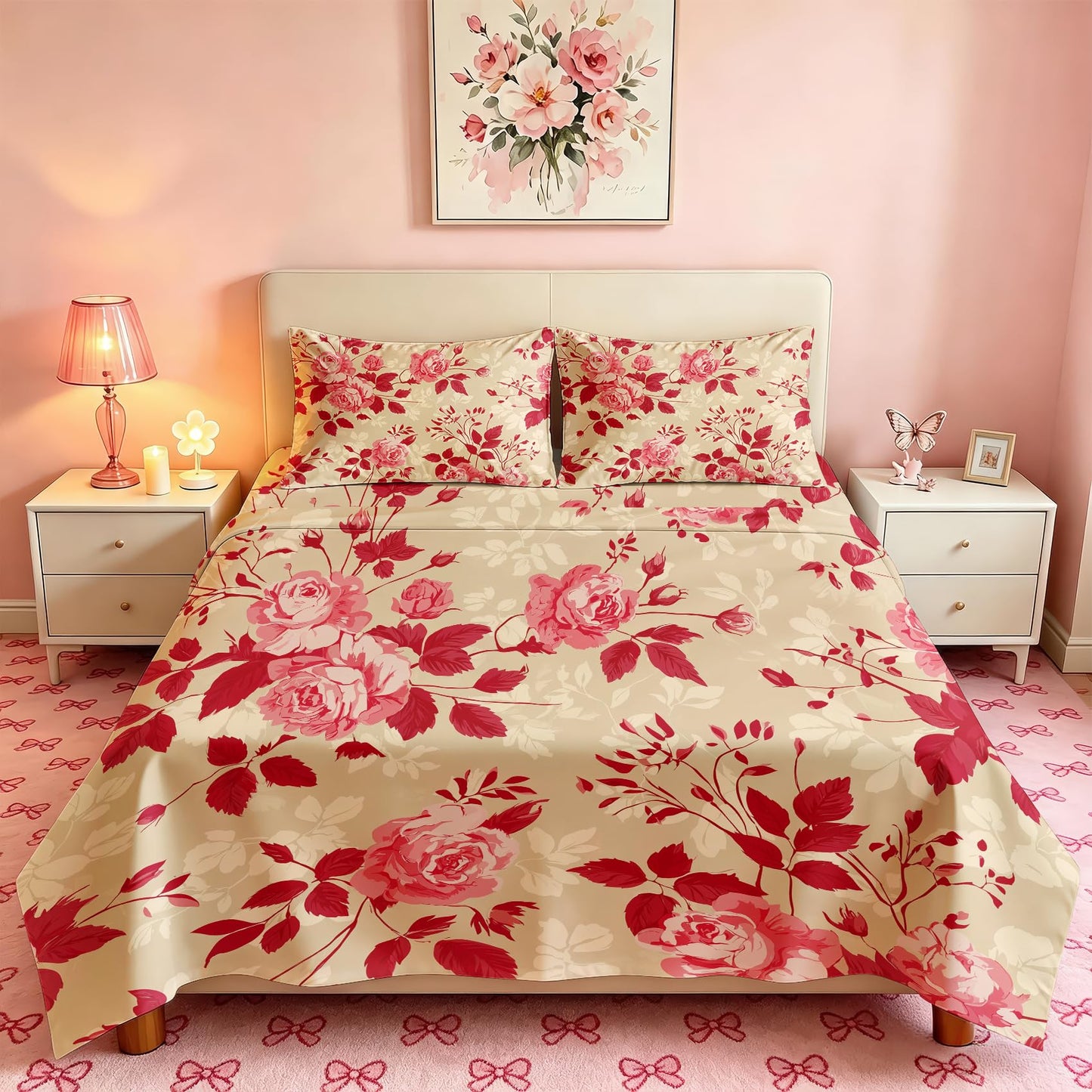 Red Rose California King Sheet Set 4 Pcs Vintage Floral Bed Sheets
