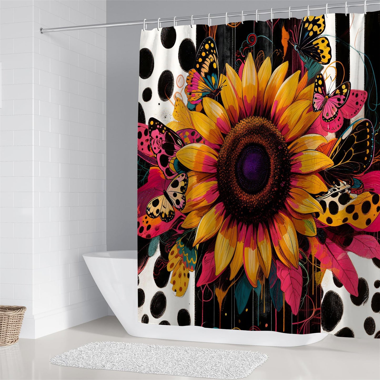 AZHM Shower Curtain Sets with Rugs 4 Piece Sunflower Bathroom Sets Decor Accessories Include Non-Slip Rug Toilet Lid Cover Bath Mat and 12 Hooks