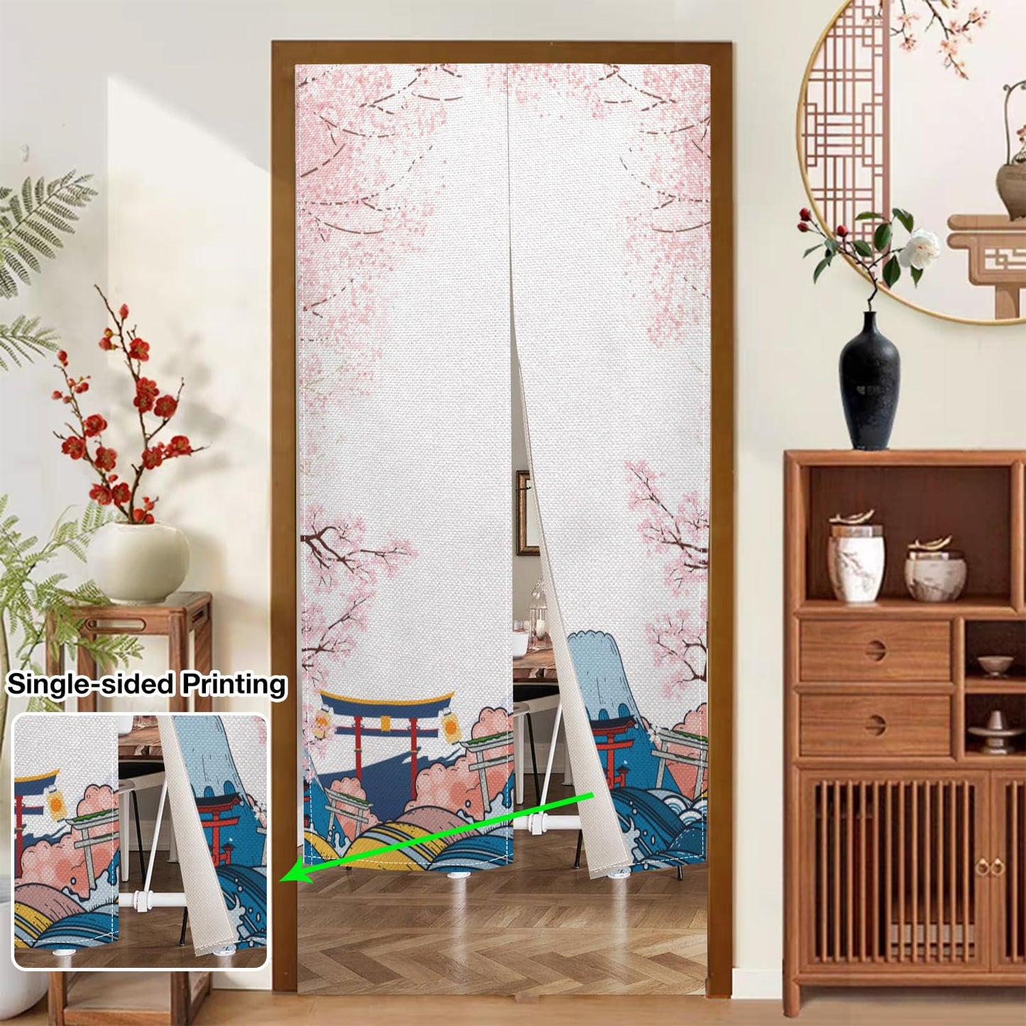 Leowefowa Japanese Doorway Curtain Noren Artistic Painting Door Tapestry Sakura Mount Fuji Pattern Window Treatment Panels for Hanging Room Divider Kitchen Door Curtains Home Decor, 33.5"x 70.9"