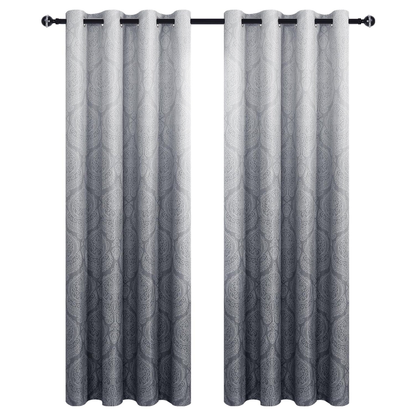 DWCN Ombre Blackout Curtains for Bedroom - Damask Patterned Thermal Insulated Energy Saving Grommet Curtains for Living Room, Set of 2 Panels, 52 x 84 Inch Length, Grey