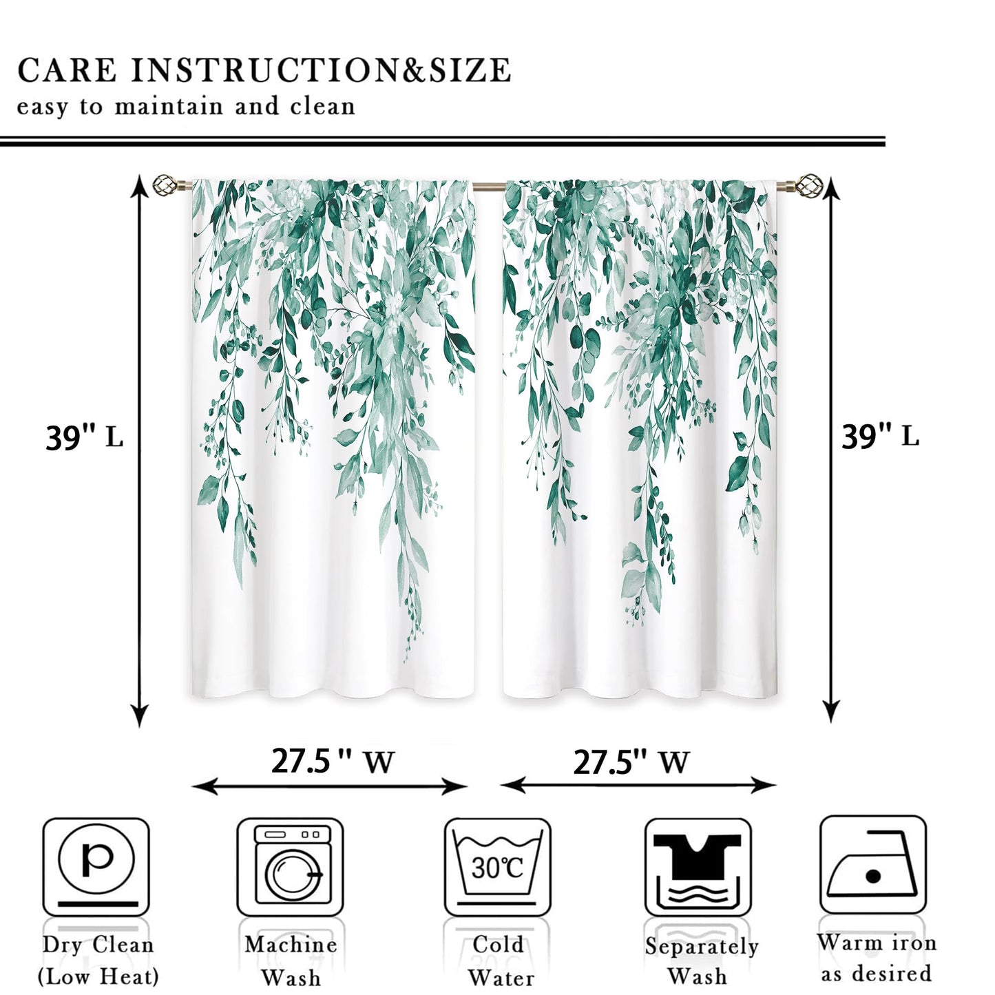 oolygoo Eucalyptus Botanical Leaves Teal Floral Kitchen Window Curtains Over Sink Farmhouse Flower Leaf Small Window Treatment Cafe Short Curtains for Bathroom Treatment Tier Drapes 27.5x39inch
