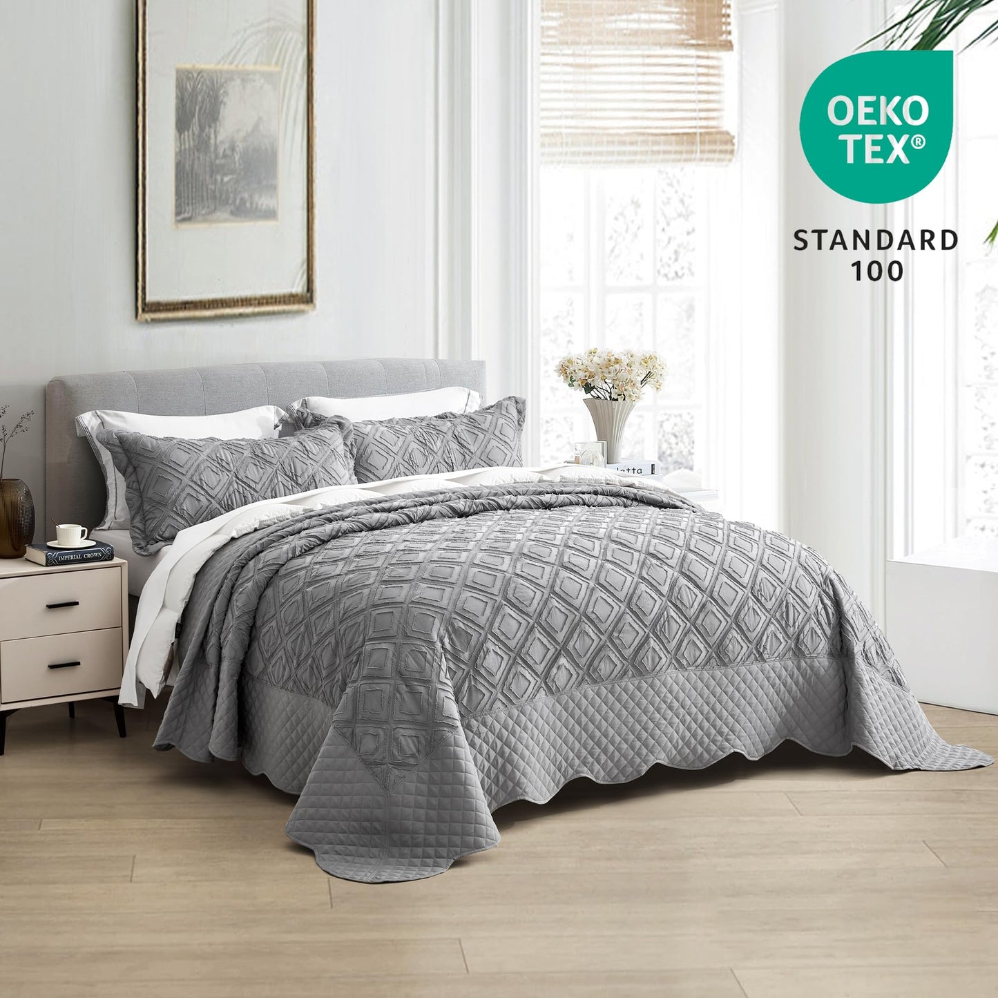 Blythease Oversized King Bedspread, Clipped Jacquard Diamond Quilt Set King/Cal King, Lightweight Tufted Reversible Coverlet, Scalloped Edge - Shabby Chic Boho Look, 3 Piece, Grey