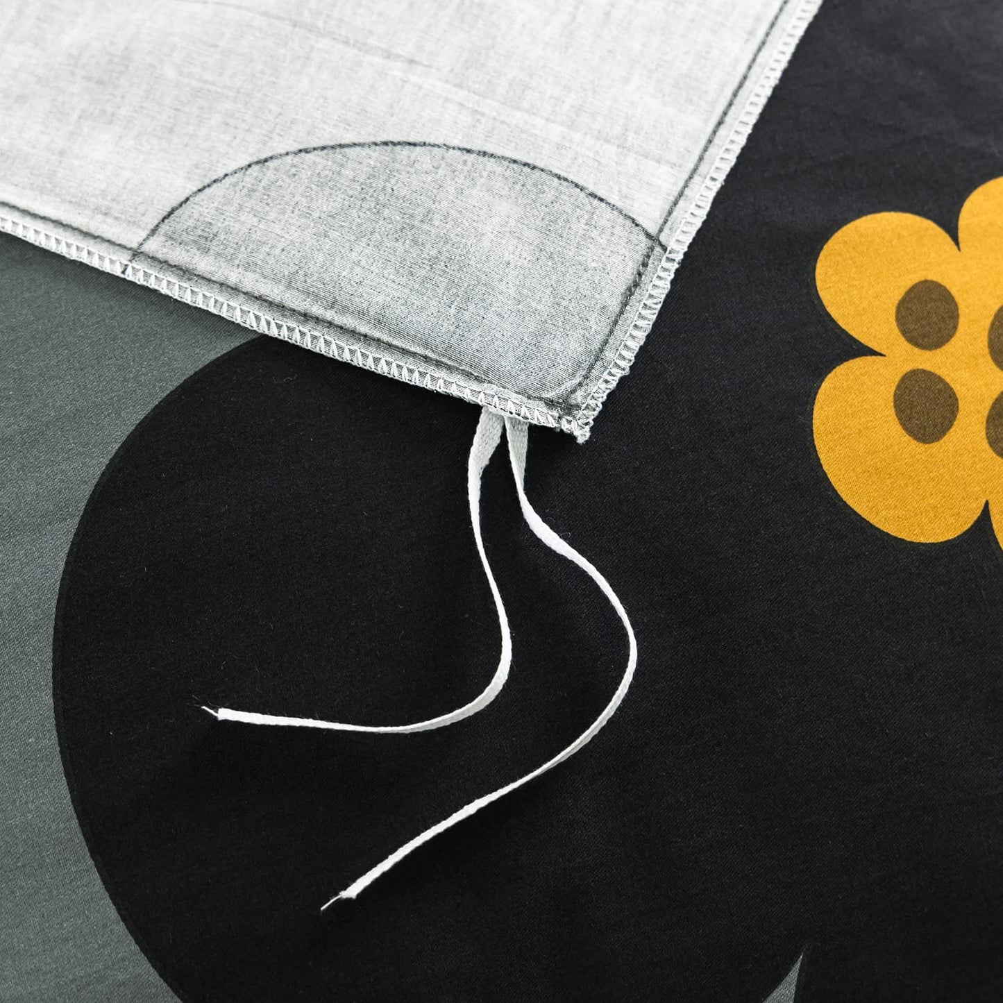 YuHeGuoJi Cartoon Floral Duvet Cover King 100% Cotton 3 Pcs Set 1 Yellow Grey Botanical Blossom Patterned Duvet Cover with Zipper Ties 2 Pillowcases Cute Black Flower Bedding Set Soft