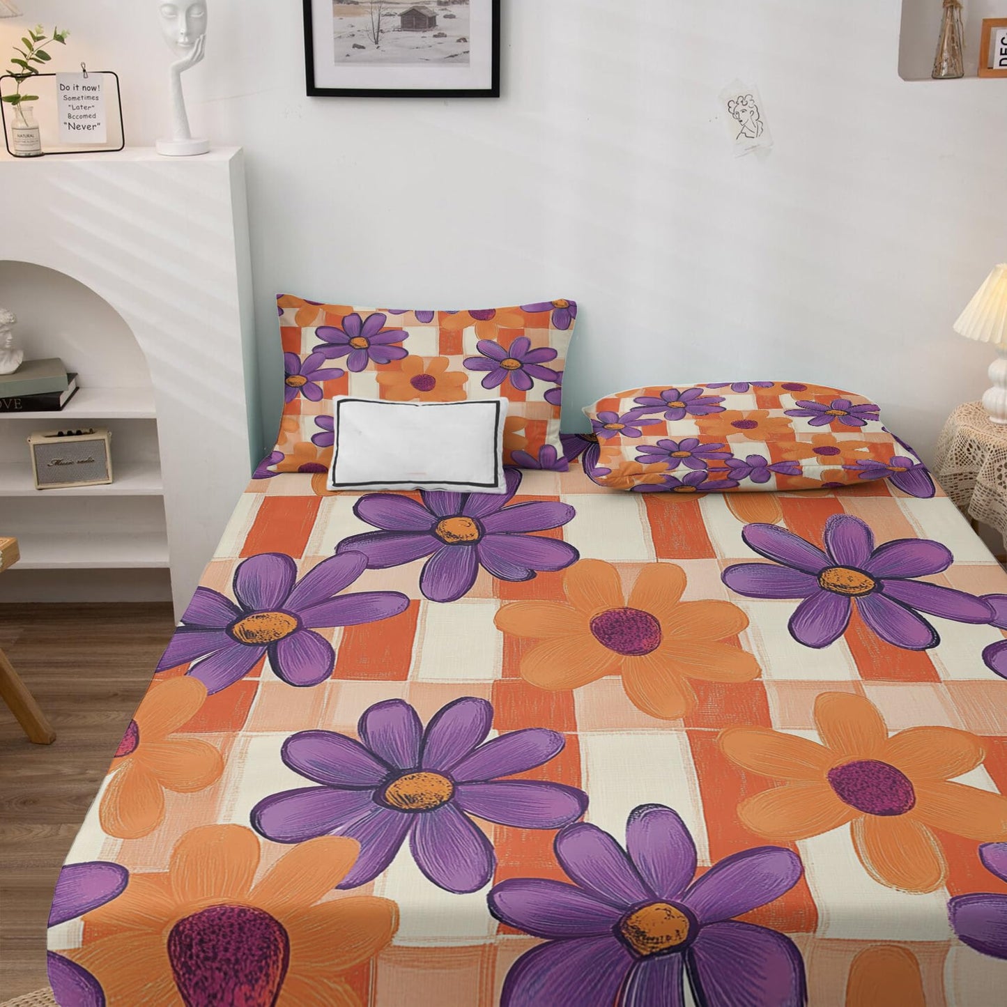NOGAWA 60s 70s Retro Floral Sheets Queen Size, Bohemian Hippie Flower Bed Sheets, Bedding Sheets & Pillowcases 4 Piece Set - Soft Microfiber Deep Pocket Fitted Sheet & Flat Sheet & 2 Pillow Cases