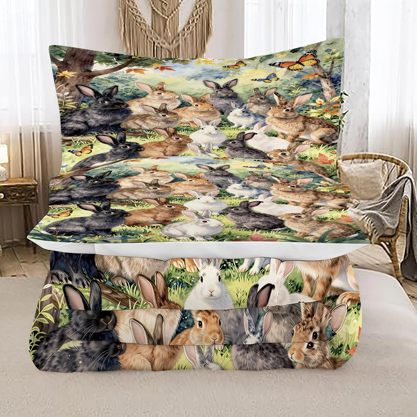 EDGZKO Cute Rabbit Comforter Set, Queen Size Bunny Happy Easter Bedding Set for Boys Girls Kids Teens Adults, Wild Animals Quilt Duvet Bed Set, Wildlife Bedroom Decor 1 Comforter & 2 Pillowcases