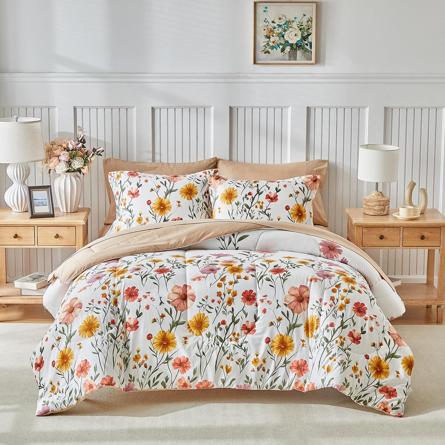 White Floral Comforter Sheet Set Reversible Bohemian Bed in a Bag Bedding Set, Botanical Bedding Set (1 Comforter 2 Pillow Shams 1 Flat Sheet 1 Fitted Sheet 2 Pillowcases) 7PC Queen Size Yellow