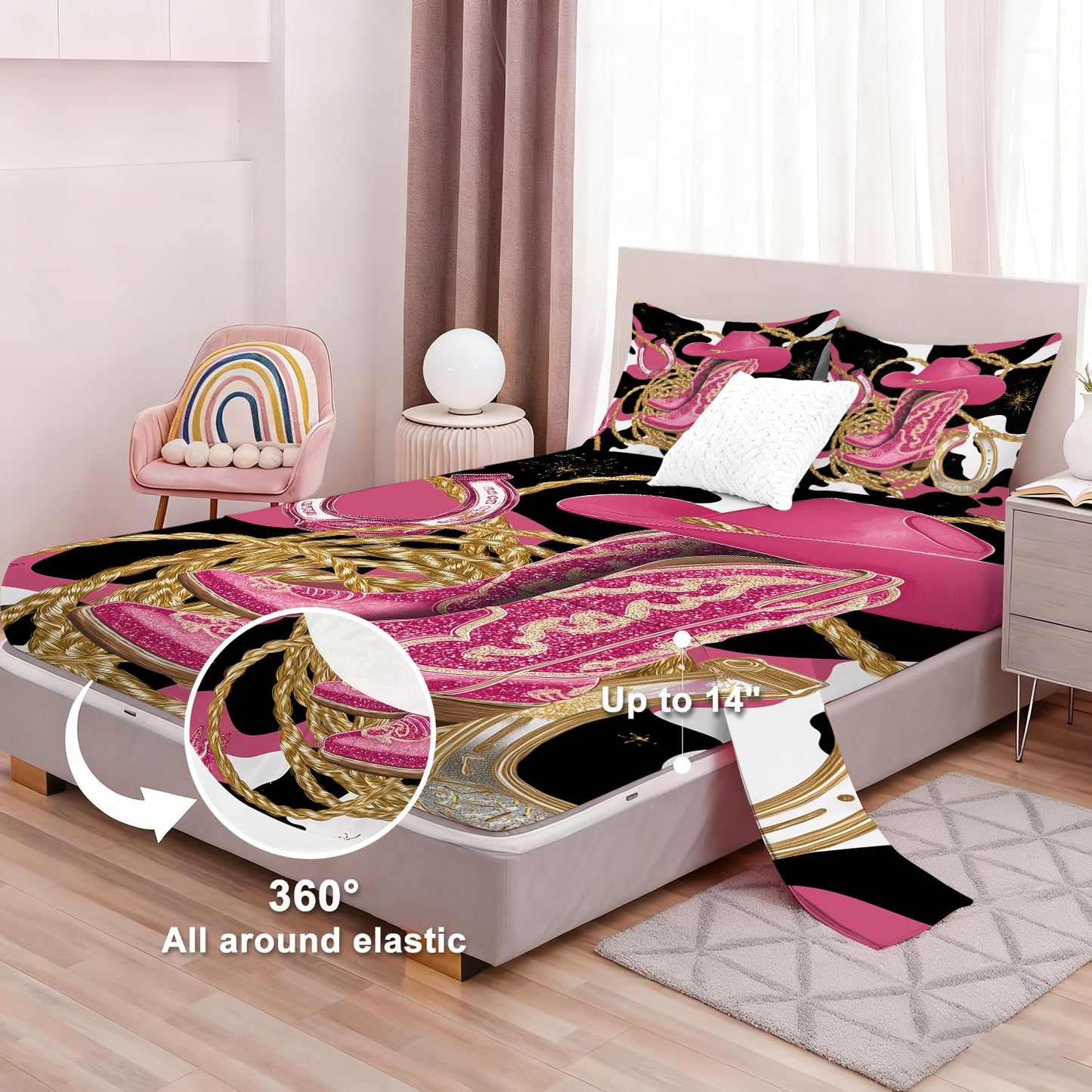 VTKON Pink Cowgirl Sheet Set Twin Size for Girls Boys Kids Women Glitter Boots & Horseshoe Print Fitted Sheet Set Cowhide Pattern Bed Sheets 1 Fitted Sheet+1 Flat Sheet+1 Pillowcase
